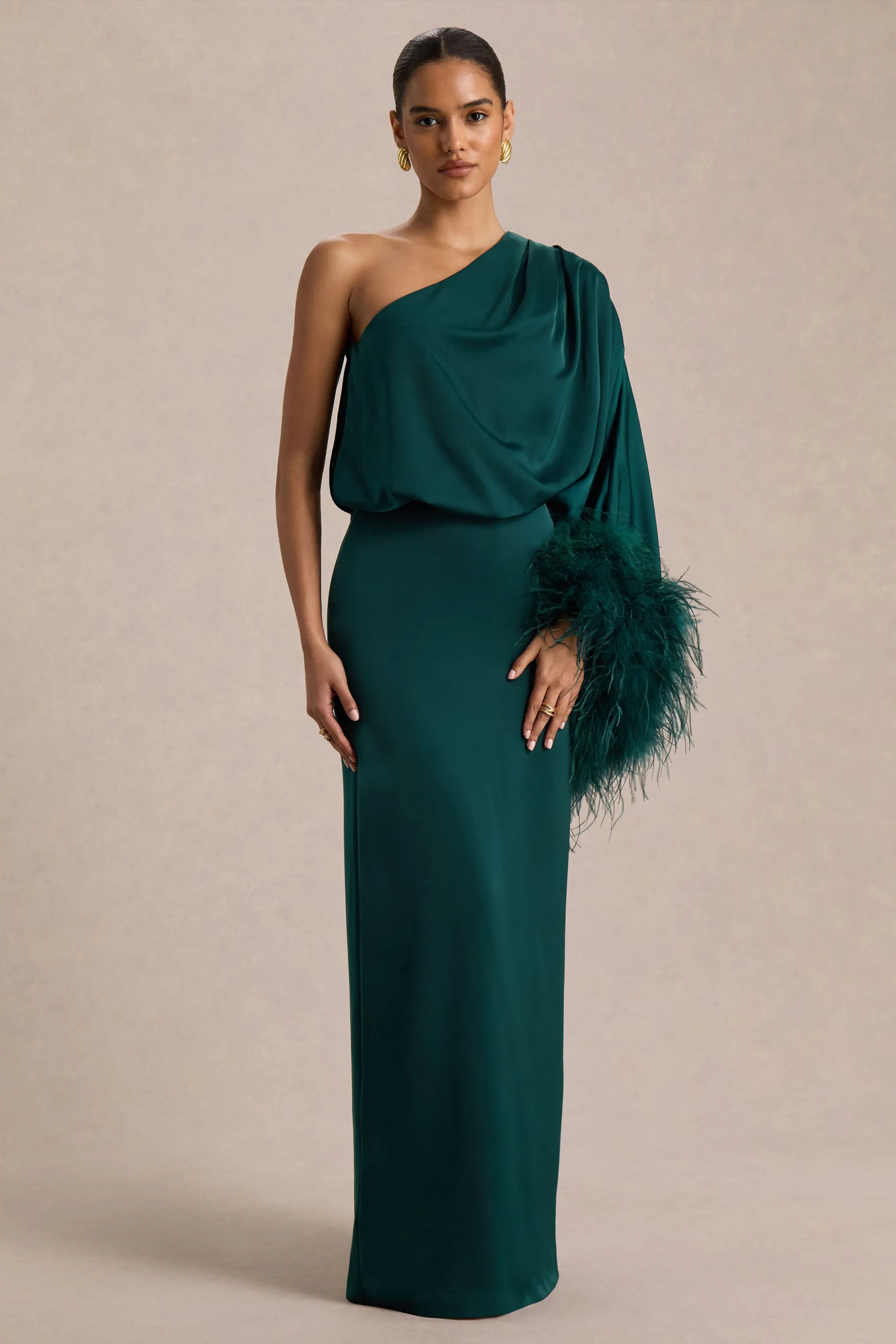 Felicity | Teal Satin Asymmetric-Neck Maxi Dress With Feather Detailing sold by Club L London product image thumbnail 5