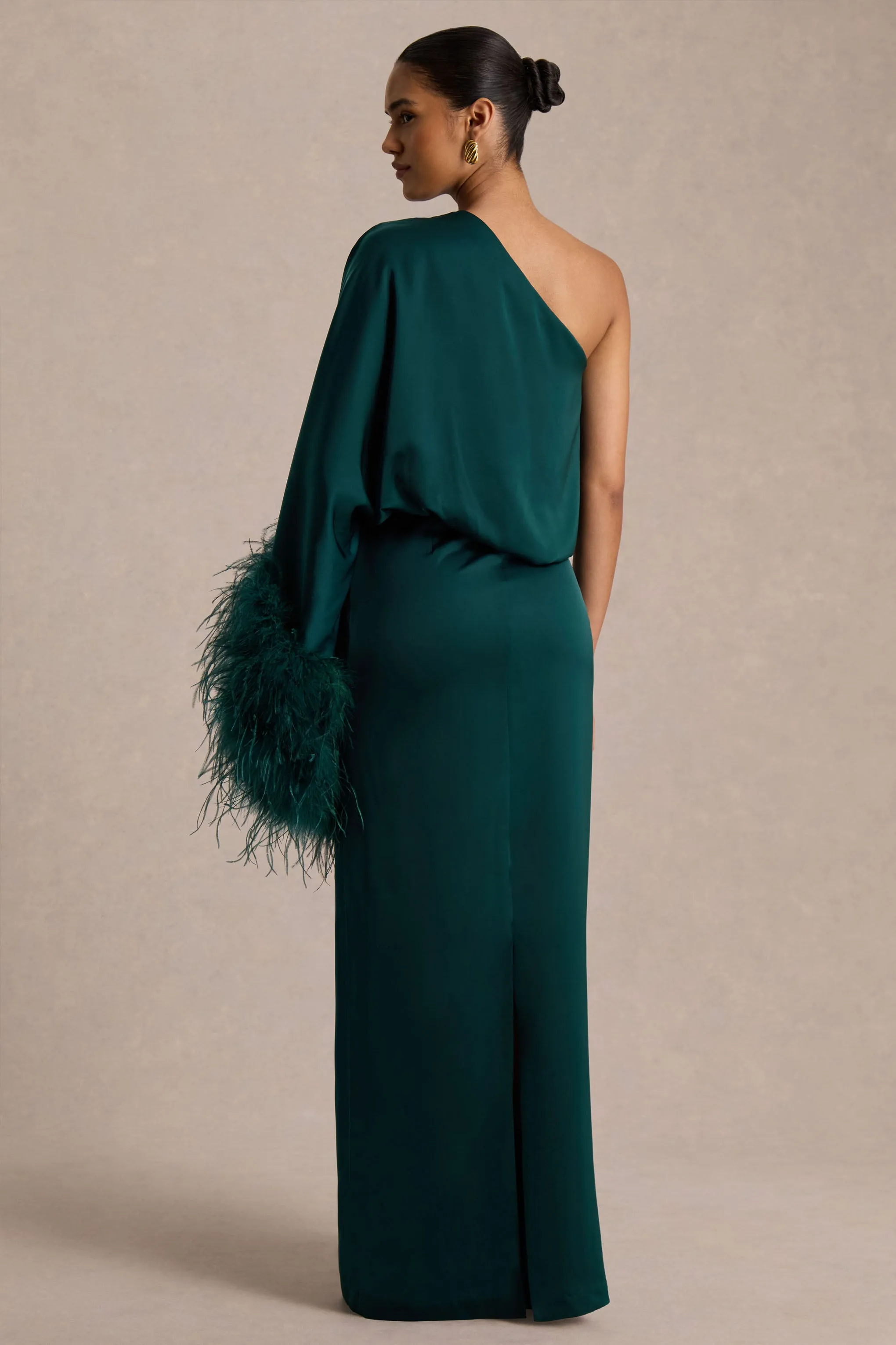 Felicity | Teal Satin Asymmetric-Neck Maxi Dress With Feather Detailing sold by Club L London product image thumbnail 2
