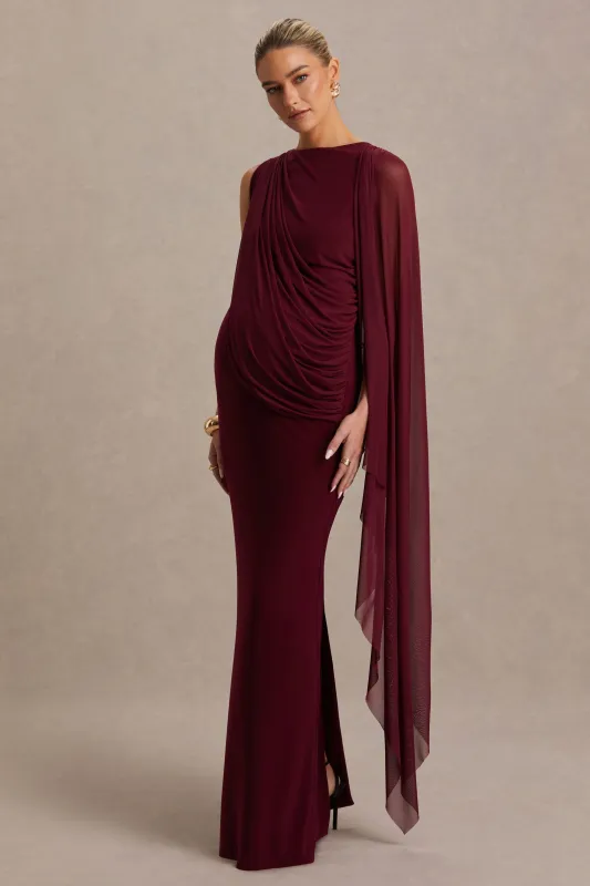 Cristina | Burgundy Slashed-Neck Maternity Maxi Dress With Cape-Sleeve sold by Club L London