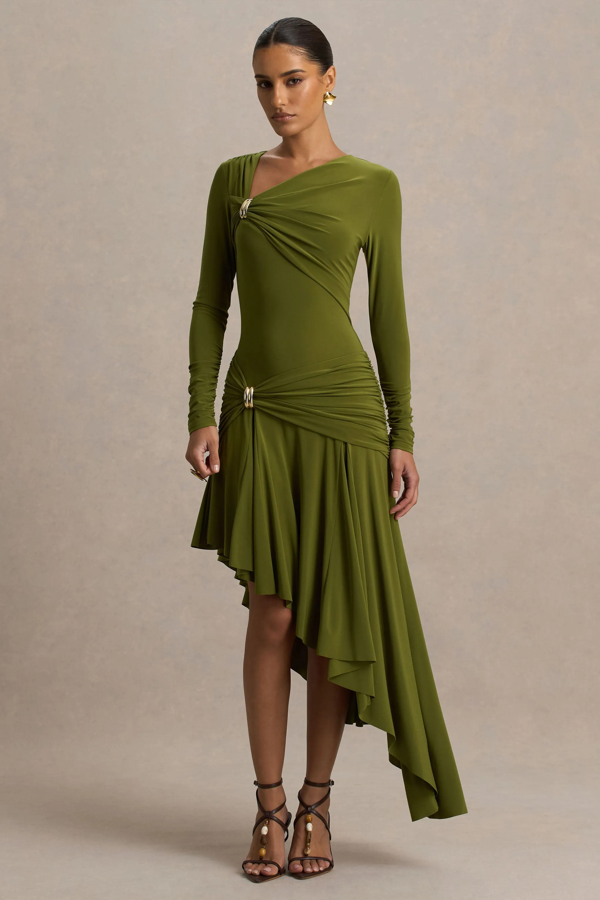 Alexia | Green Asymmetric-Neck Maxi Dress With Gold-Details sold by Club L London product image thumbnail 4