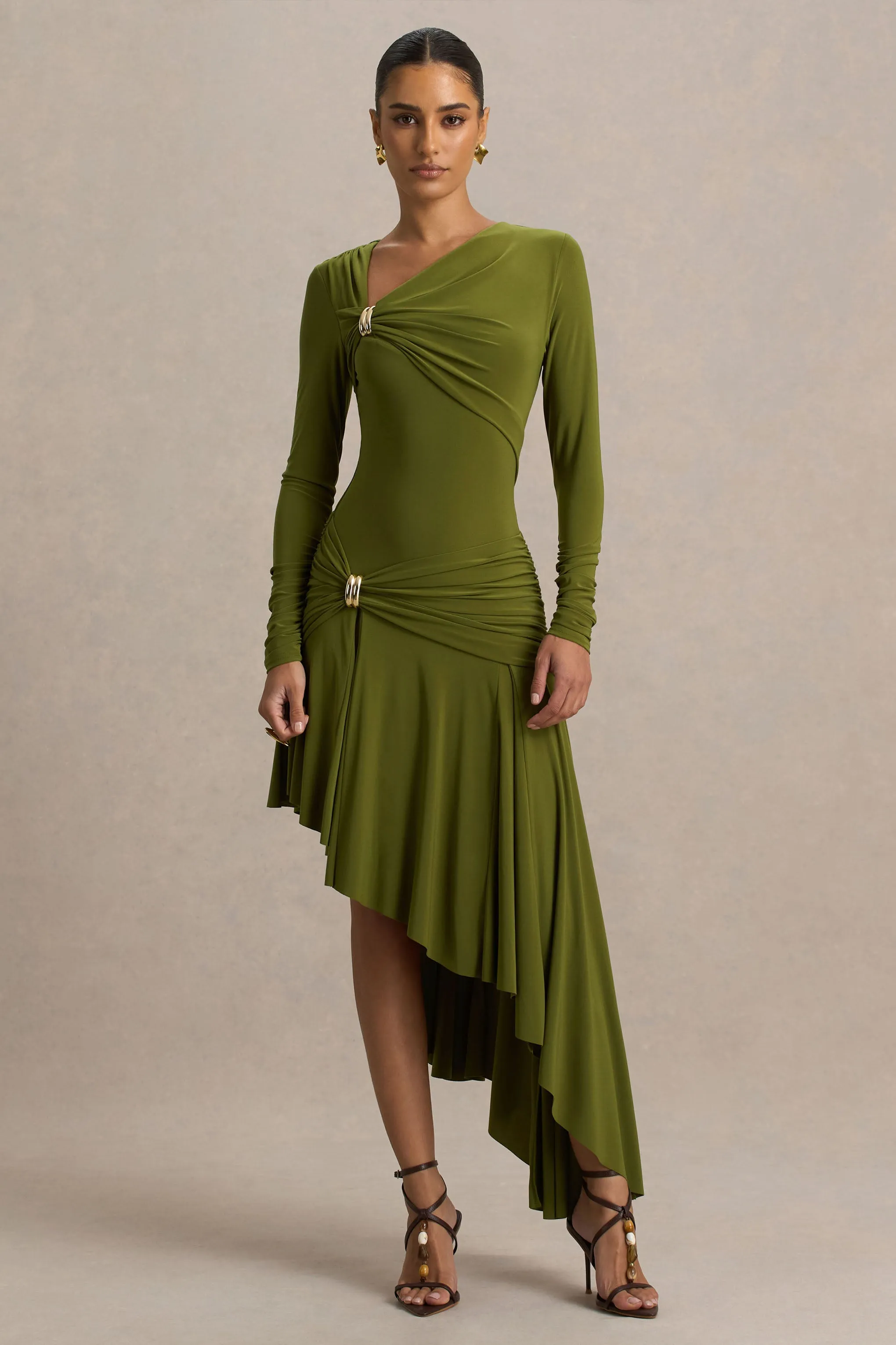 Alexia | Green Asymmetric-Neck Maxi Dress With Gold-Details sold by Club L London