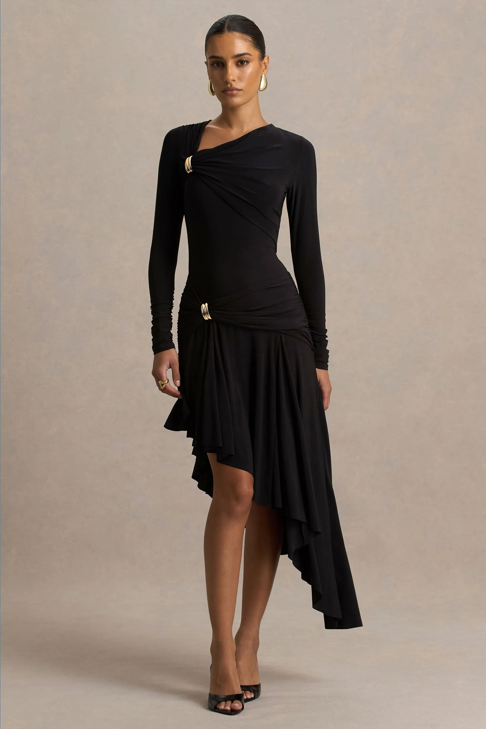 Alexia | Black Asymmetric-Neck Maxi Dress With Gold-Details sold by Club L London product image thumbnail 5