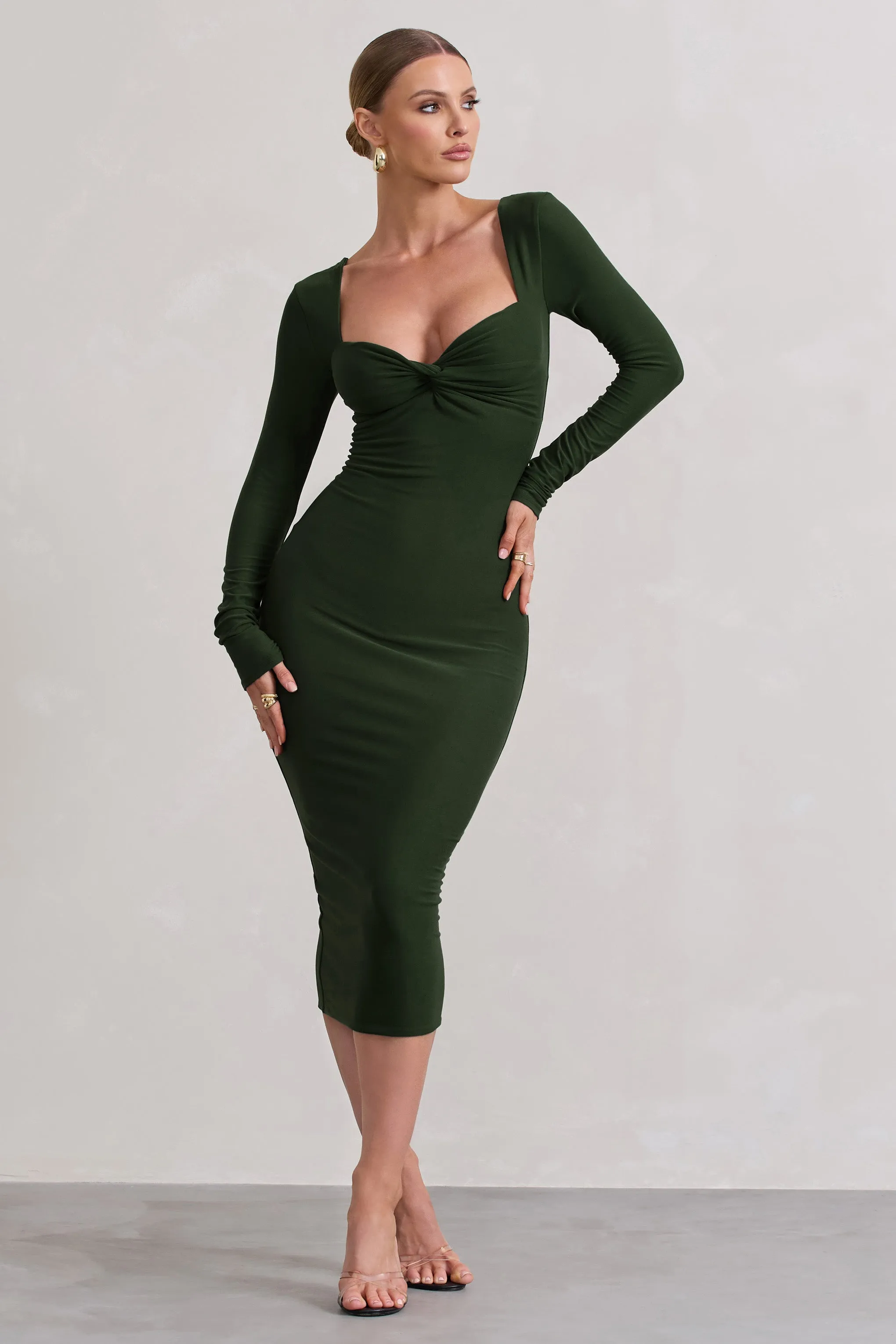 Sammy | Dark Green Bodycon Sweetheart Midi Dress sold by Club L London