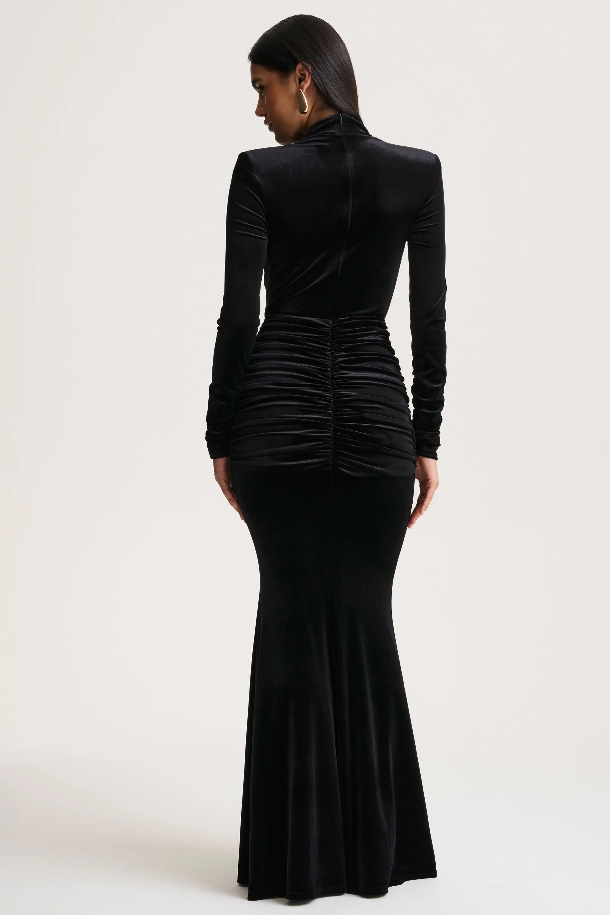 Halima | Black Velvet Plunge-Neck Maxi Dress With Gathered Detailing sold by Club L London product image thumbnail 2