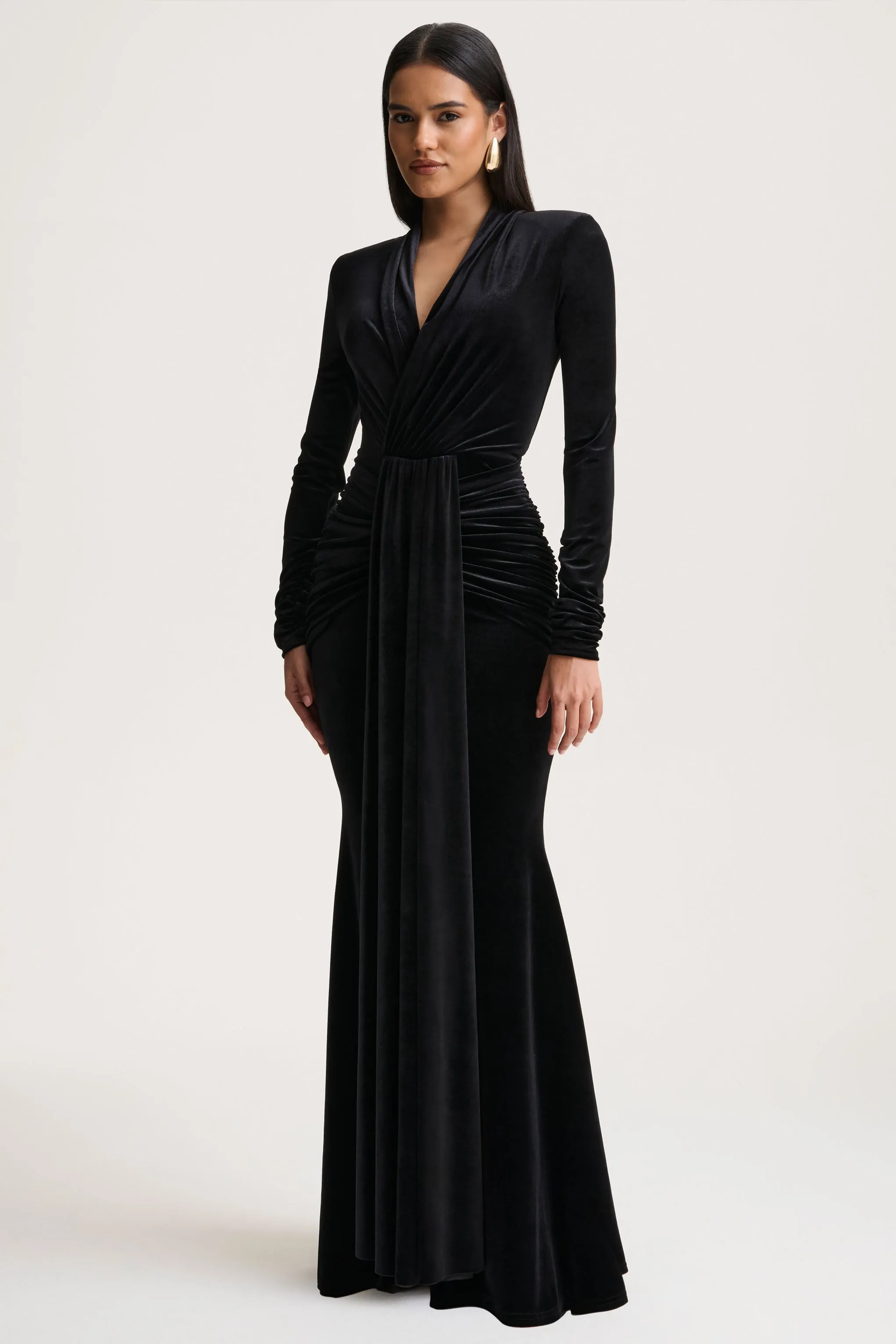 Halima | Black Velvet Plunge-Neck Maxi Dress With Gathered Detailing sold by Club L London product image thumbnail 3