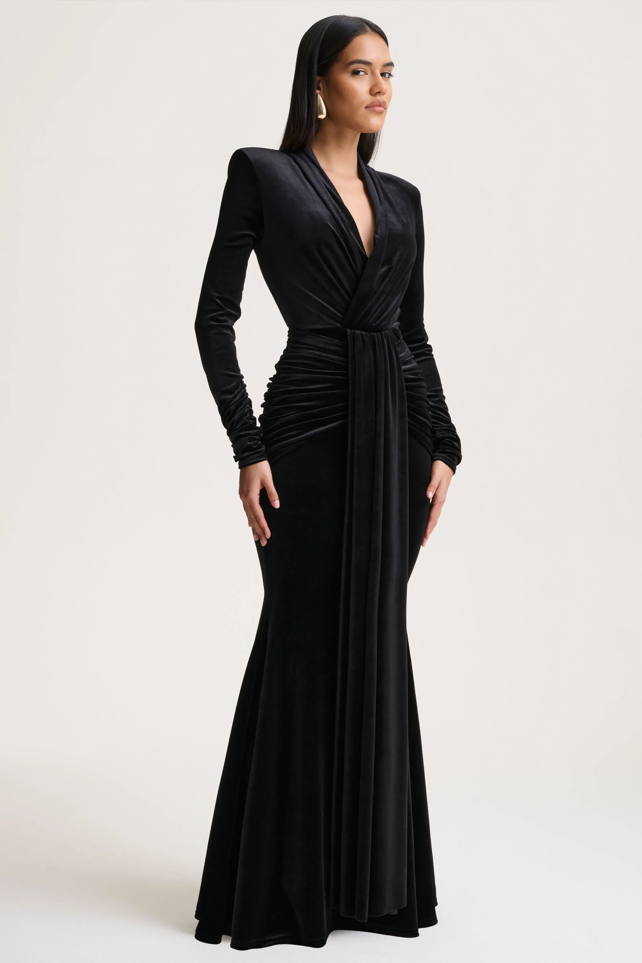 Halima | Black Velvet Plunge-Neck Maxi Dress With Gathered Detailing sold by Club L London product image thumbnail 4