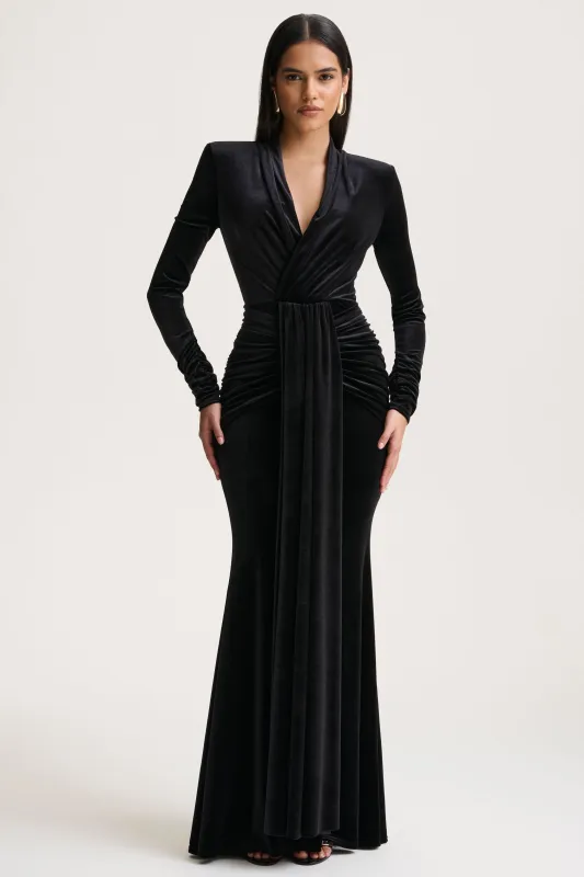 Halima | Black Velvet Plunge-Neck Maxi Dress With Gathered Detailing sold by Club L London