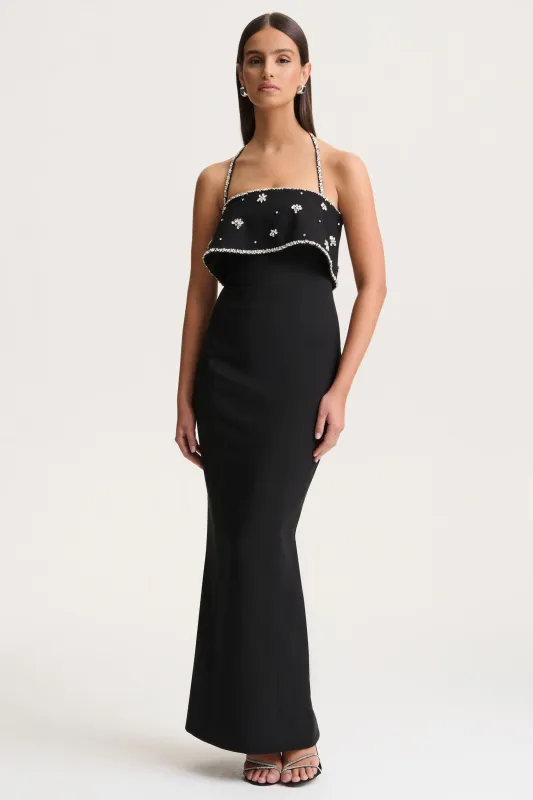 Illiana | Black Bandeau Hand-Embellished Maxi Dress sold by Club L London