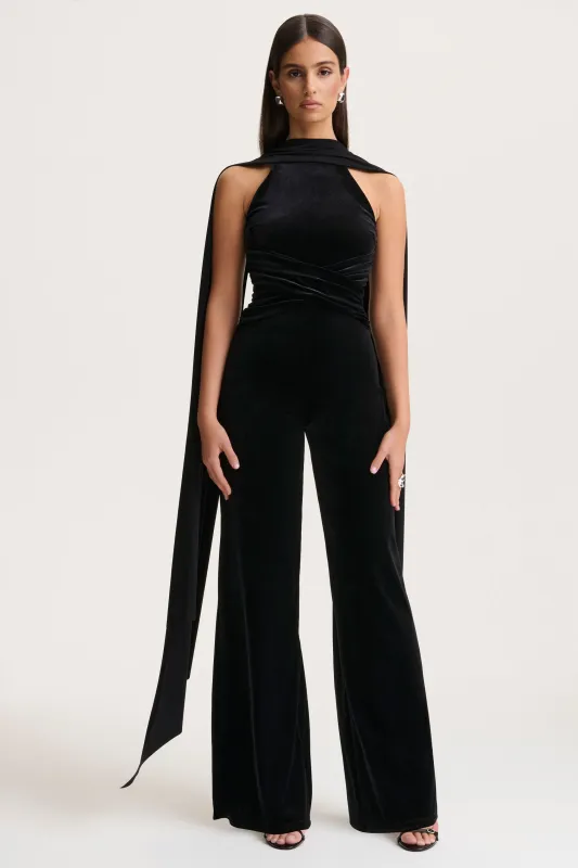 Madalina | Black High-Neck Jumpsuit With Scarf-Detail sold by Club L London