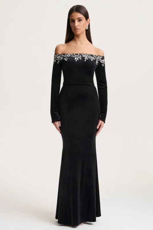 Fern | Black Velvet Embellished Bardot-Neck Maxi Dress sold by Club L London