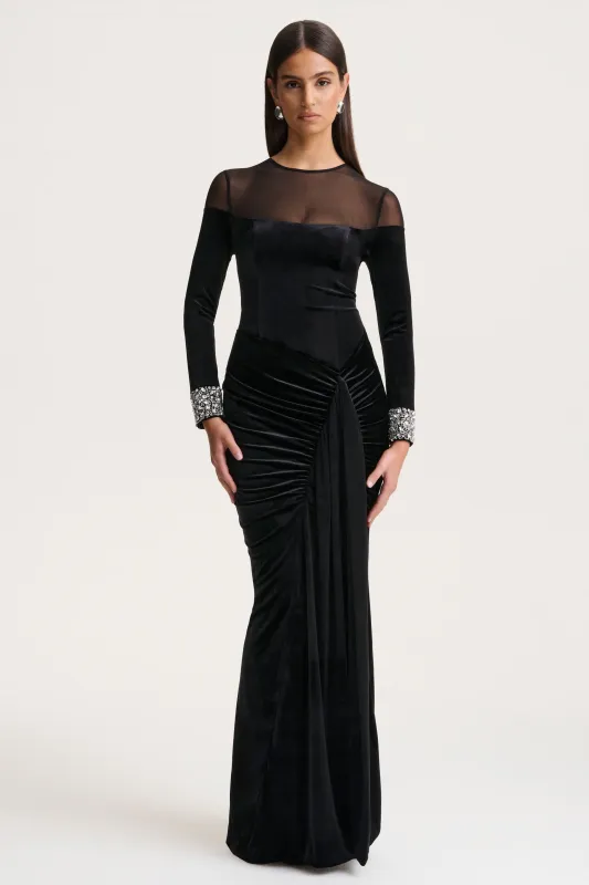 Perrin | Black Velvet Crew-Neck Maxi Dress With Embellished Cuffs sold by Club L London