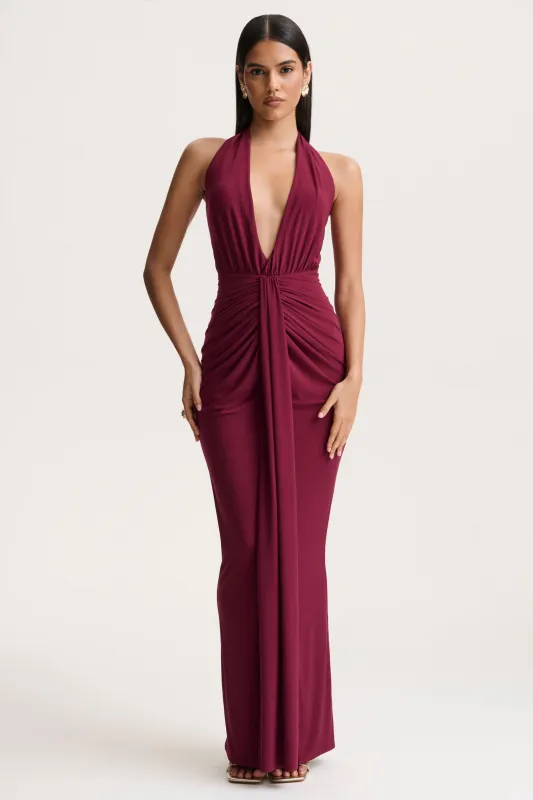 Lesley | Burgundy Plunge-Neck Maxi Dress sold by Club L London