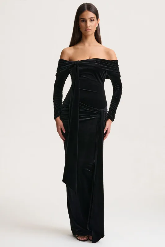 Jessara | Black Bardot-Neck Maxi Dress With Knot-Details sold by Club L London
