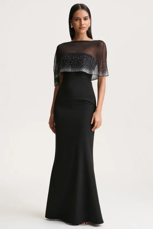 Everly | Black Hand-Embellished Cape-Sleeve Maxi Dress sold by Club L London