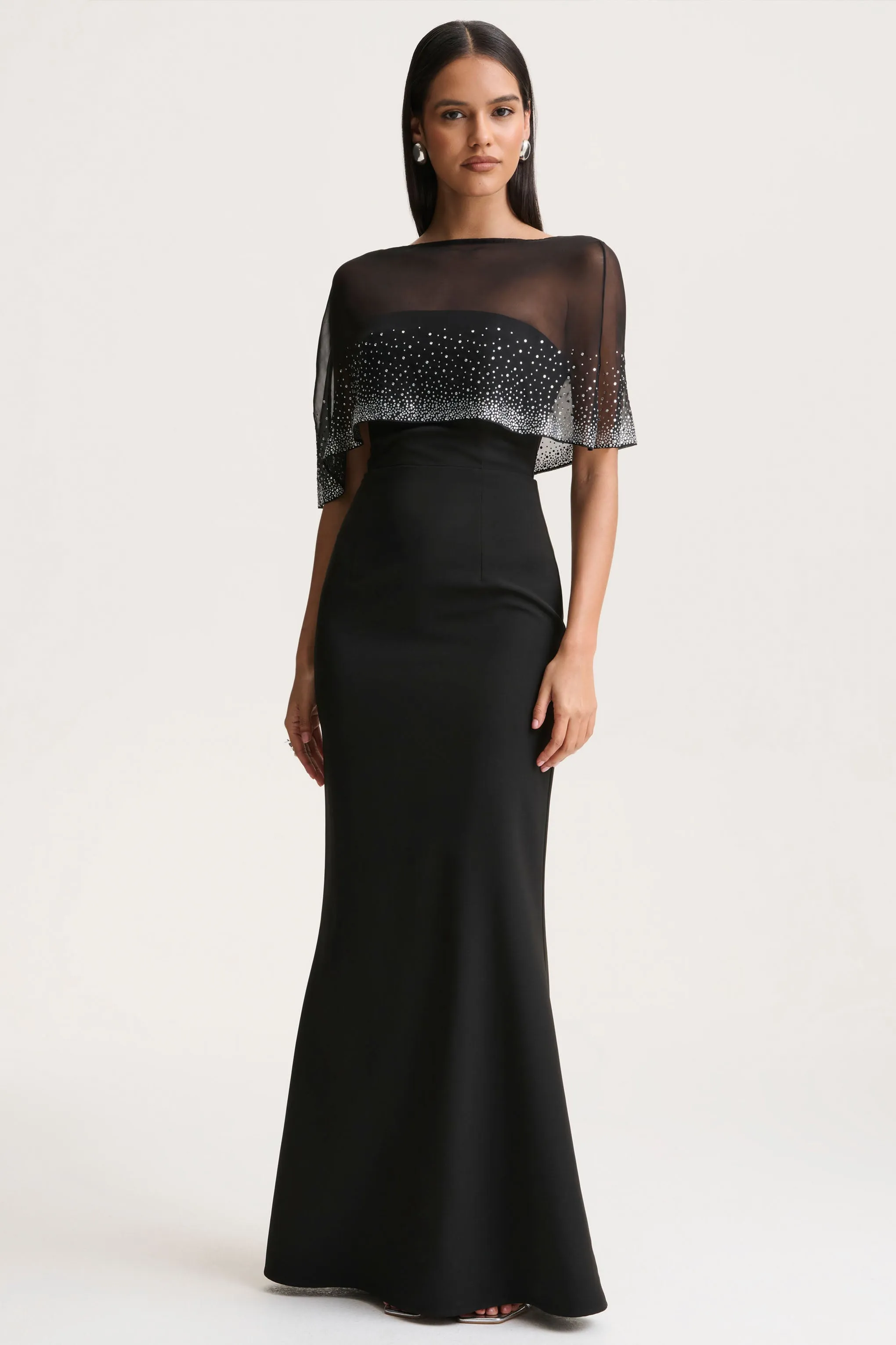 Everly | Black Hand-Embellished Cape-Sleeve Maxi Dress sold by Club L London
