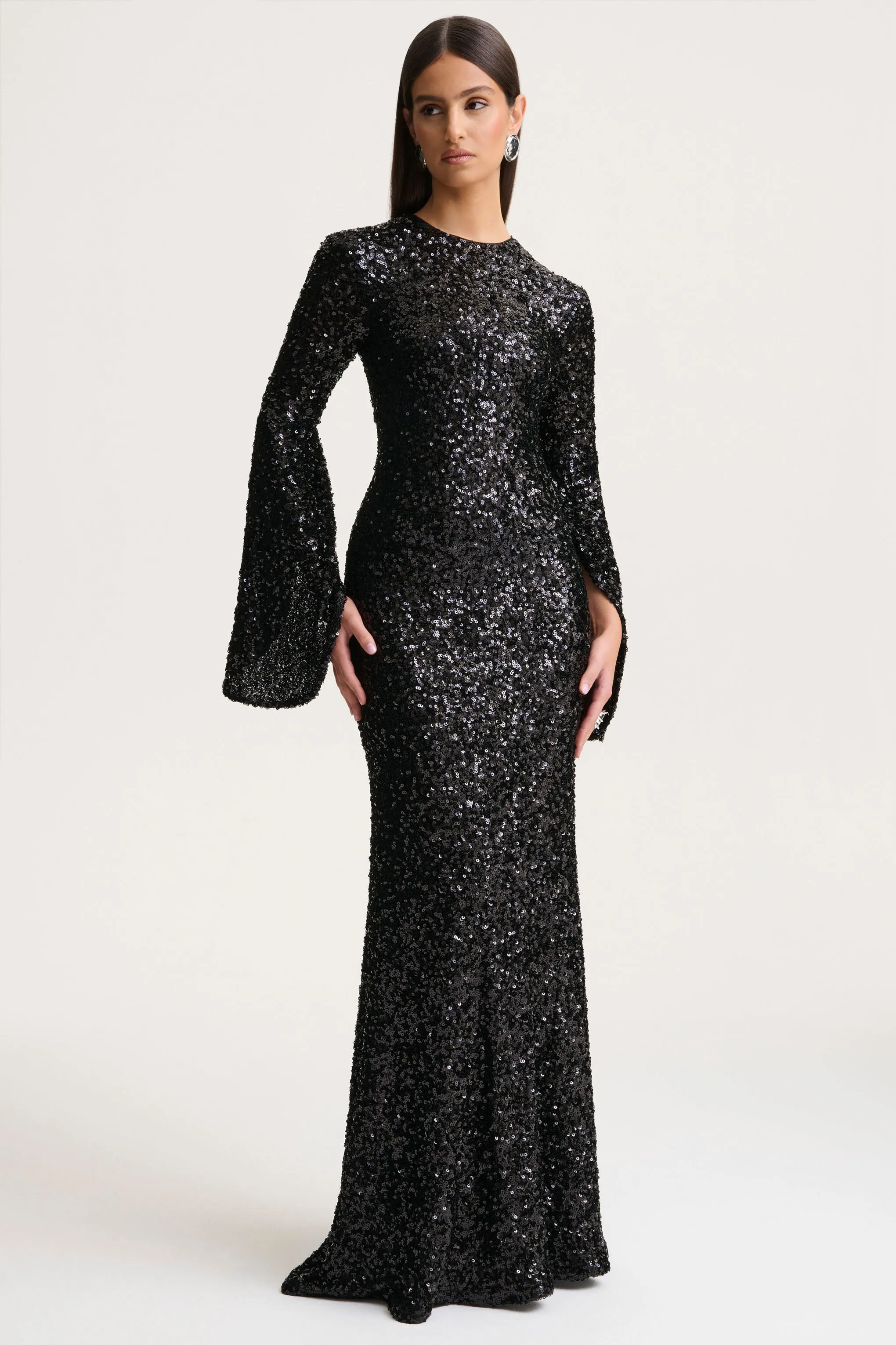 Romea | Black Sequin High-Neck Maxi Dress With Cape Sleeves sold by Club L London product image thumbnail 4