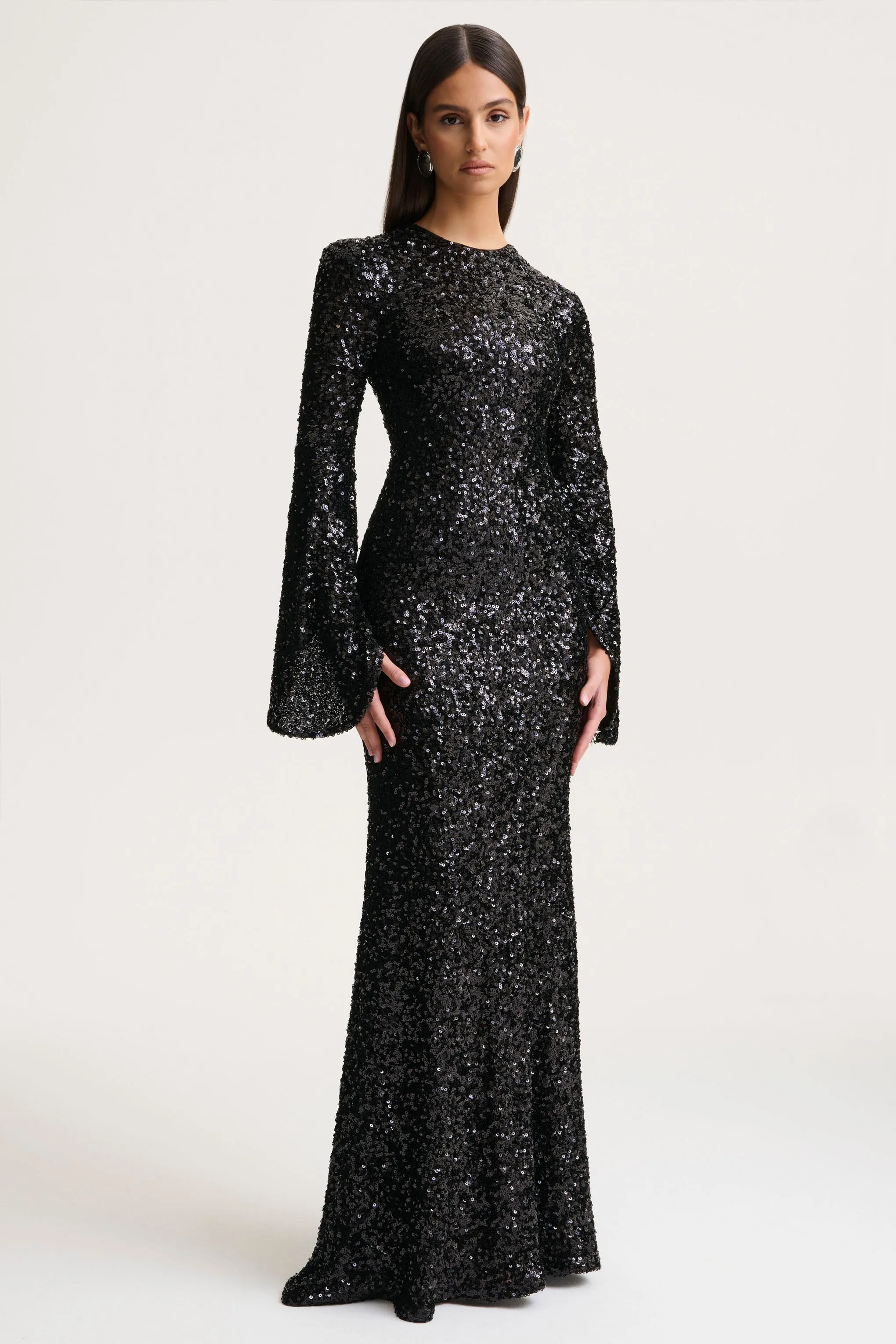 Romea | Black Sequin High-Neck Maxi Dress With Cape Sleeves sold by Club L London