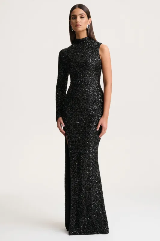 Mery | Black Sequin High-Neck Wrap Maxi Dress With One-Long Sleeve sold by Club L London