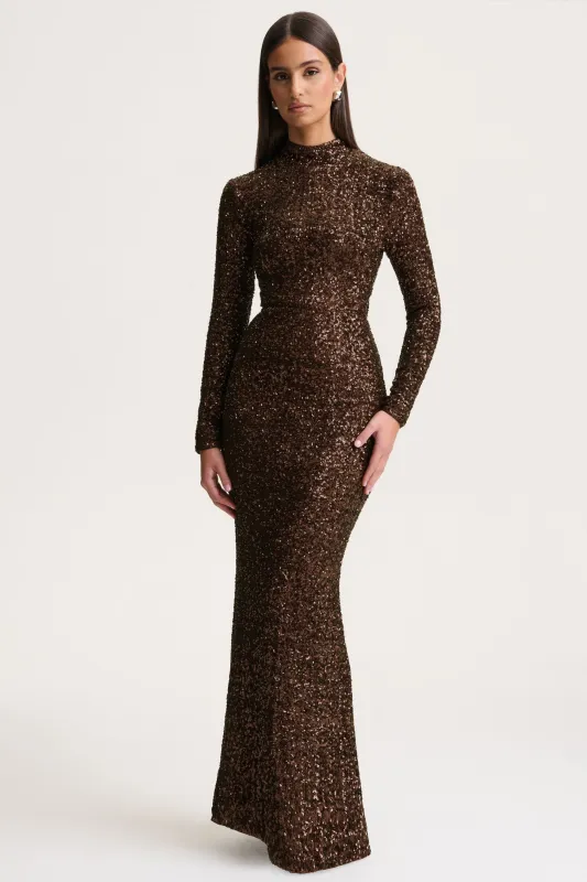 Galaxy | Brown Sequin Turtle-Neck Long-Sleeve Maxi Dress sold by Club L London