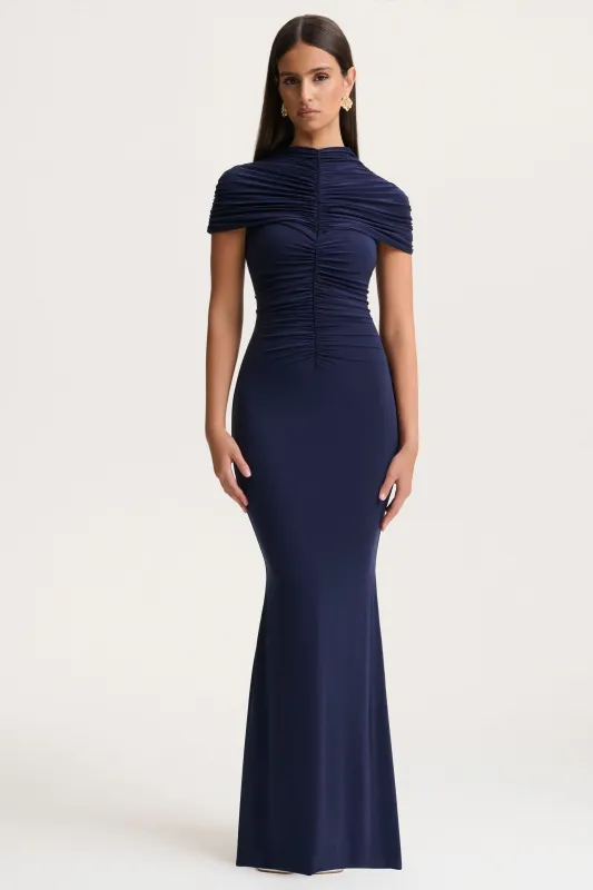 Azaria | Navy High-Neck Maxi Dress With Ruched Detailing sold by Club L London