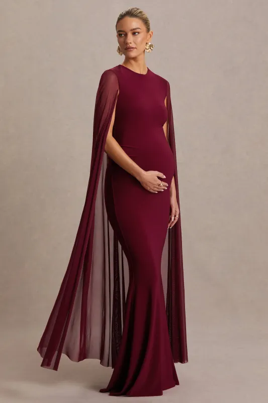 Currant | Berry High-Neck Maternity Maxi Dress With Cape sold by Club L London