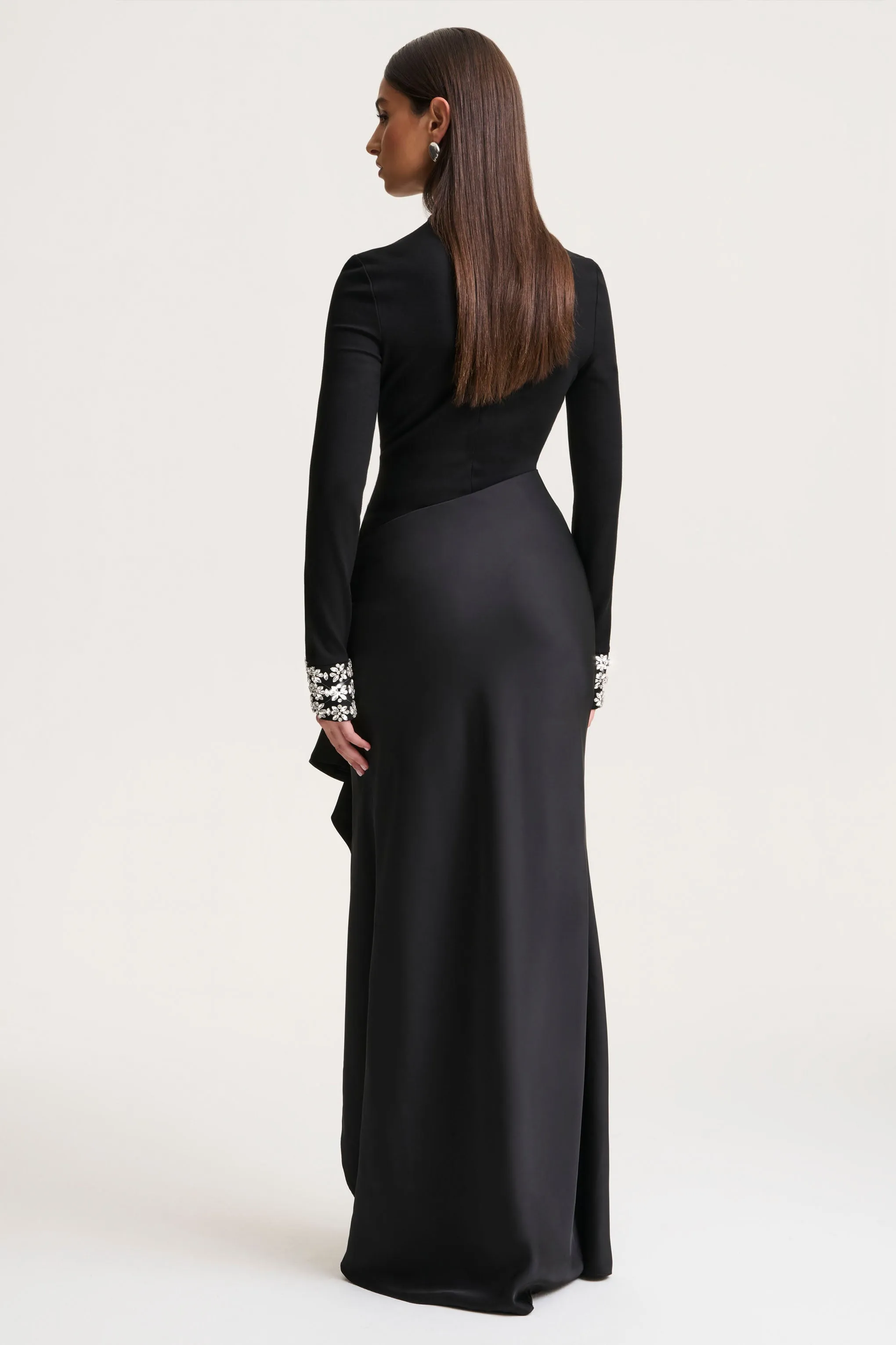 Starred | Black High-Neck Maxi Dress With Satin Wrap-Skirt And Embellished Cuffs sold by Club L London product image thumbnail 2