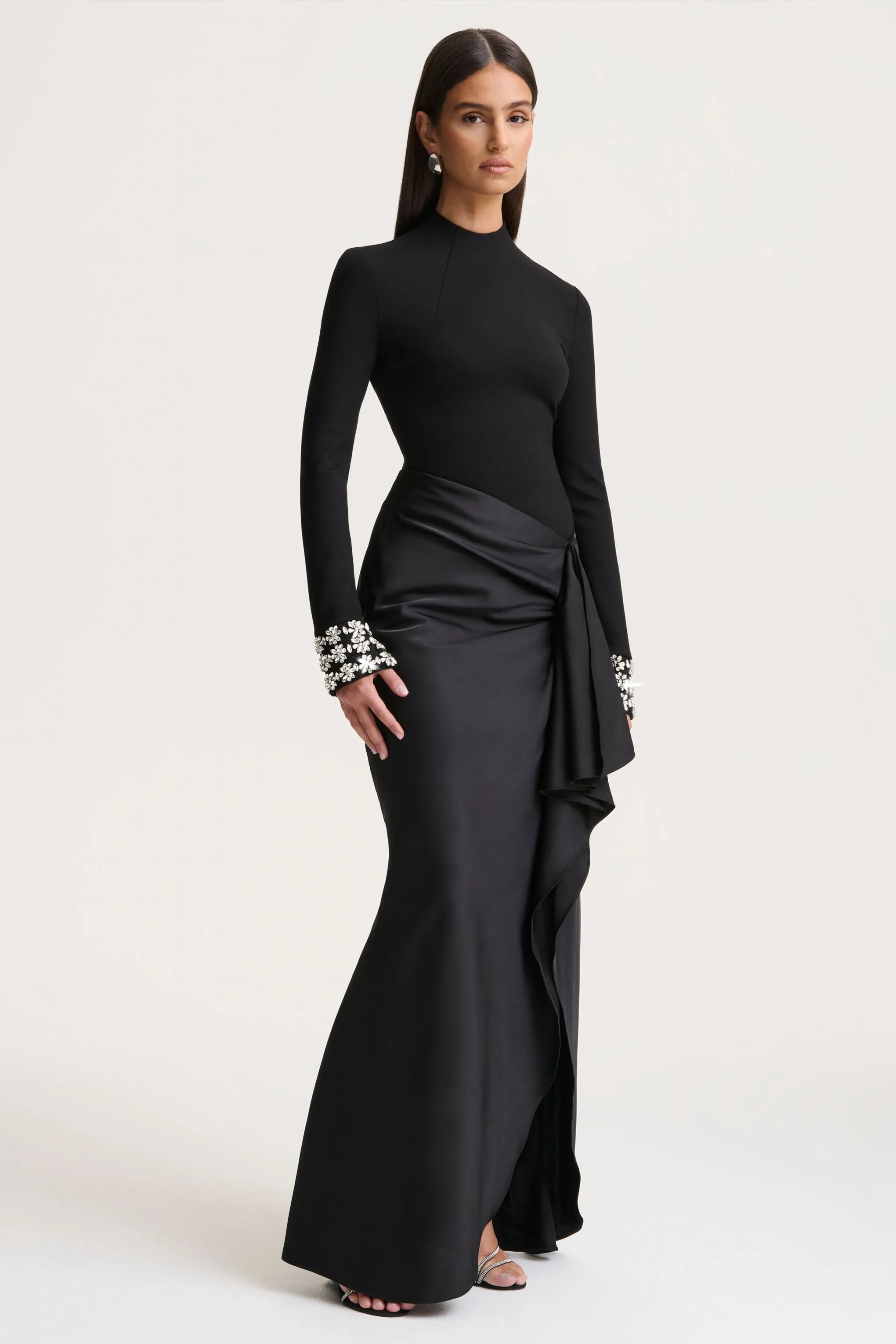 Starred | Black High-Neck Maxi Dress With Satin Wrap-Skirt And Embellished Cuffs sold by Club L London product image thumbnail 4