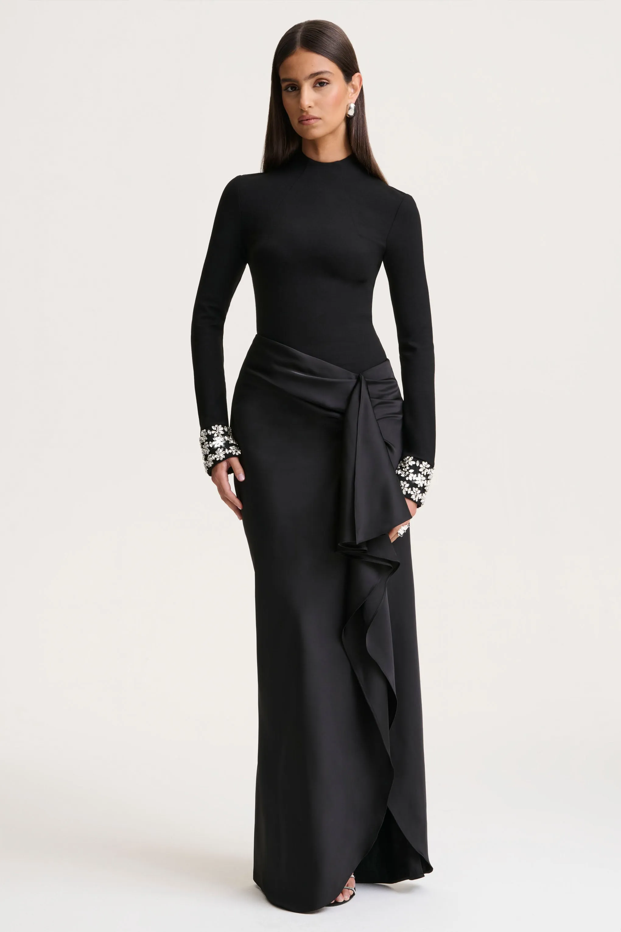 Starred | Black High-Neck Maxi Dress With Satin Wrap-Skirt And Embellished Cuffs sold by Club L London