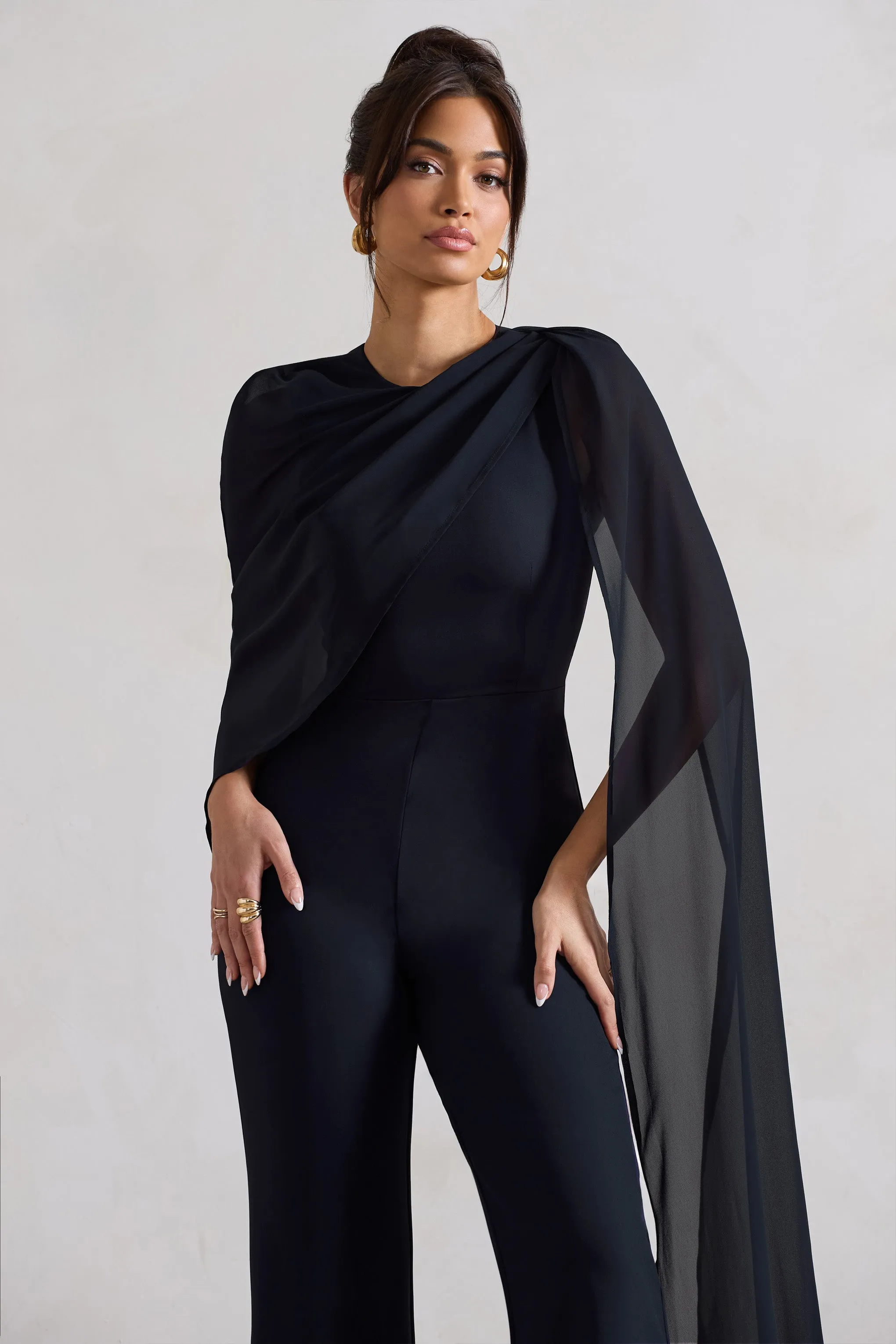 Malina | Navy Straight-Leg Jumpsuit With Chiffon Cape sold by Club L London product image thumbnail 3