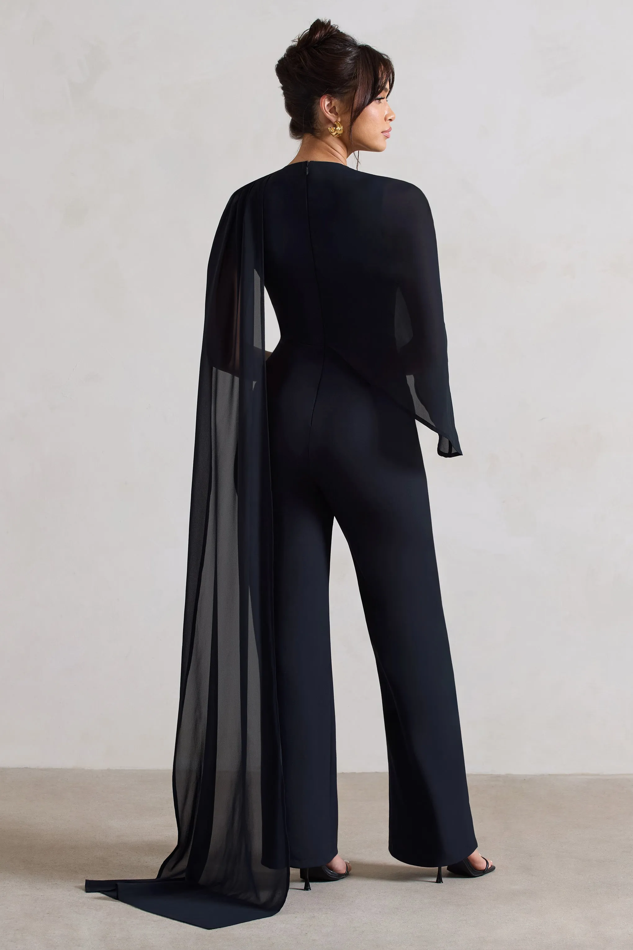 Malina | Navy Straight-Leg Jumpsuit With Chiffon Cape sold by Club L London product image thumbnail 2