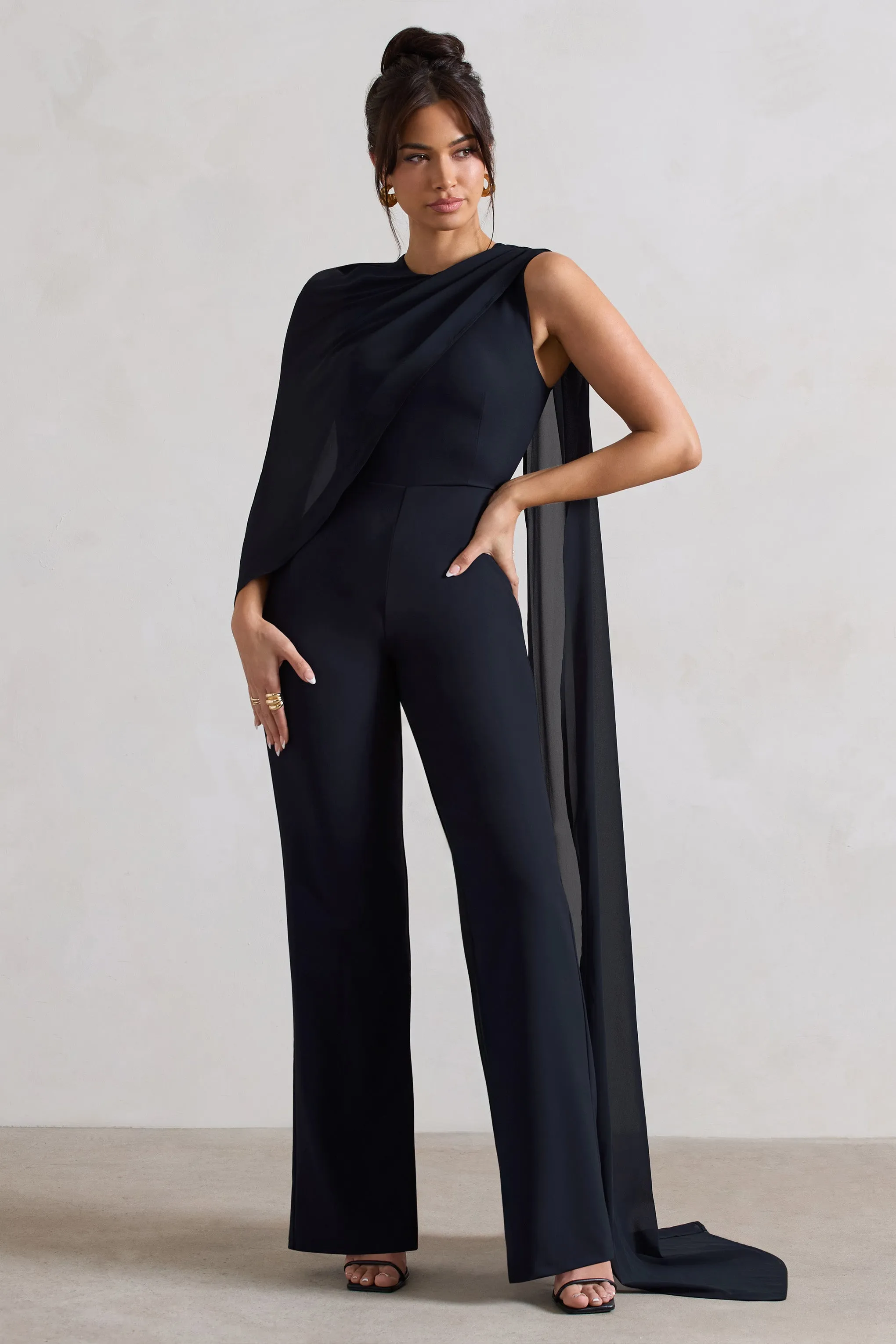 Malina | Navy Straight-Leg Jumpsuit With Chiffon Cape sold by Club L London