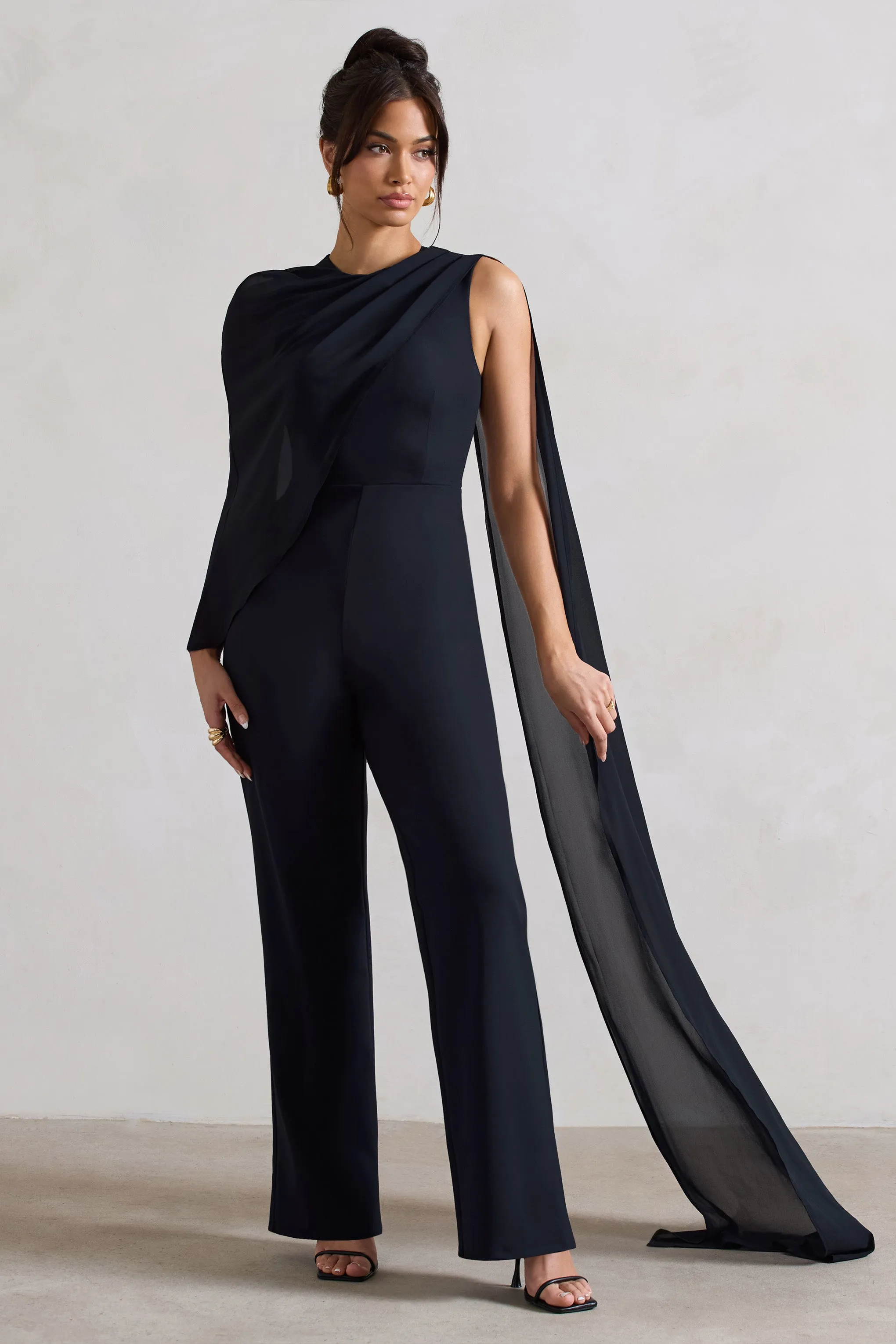Malina | Navy Straight-Leg Jumpsuit With Chiffon Cape sold by Club L London product image thumbnail 5