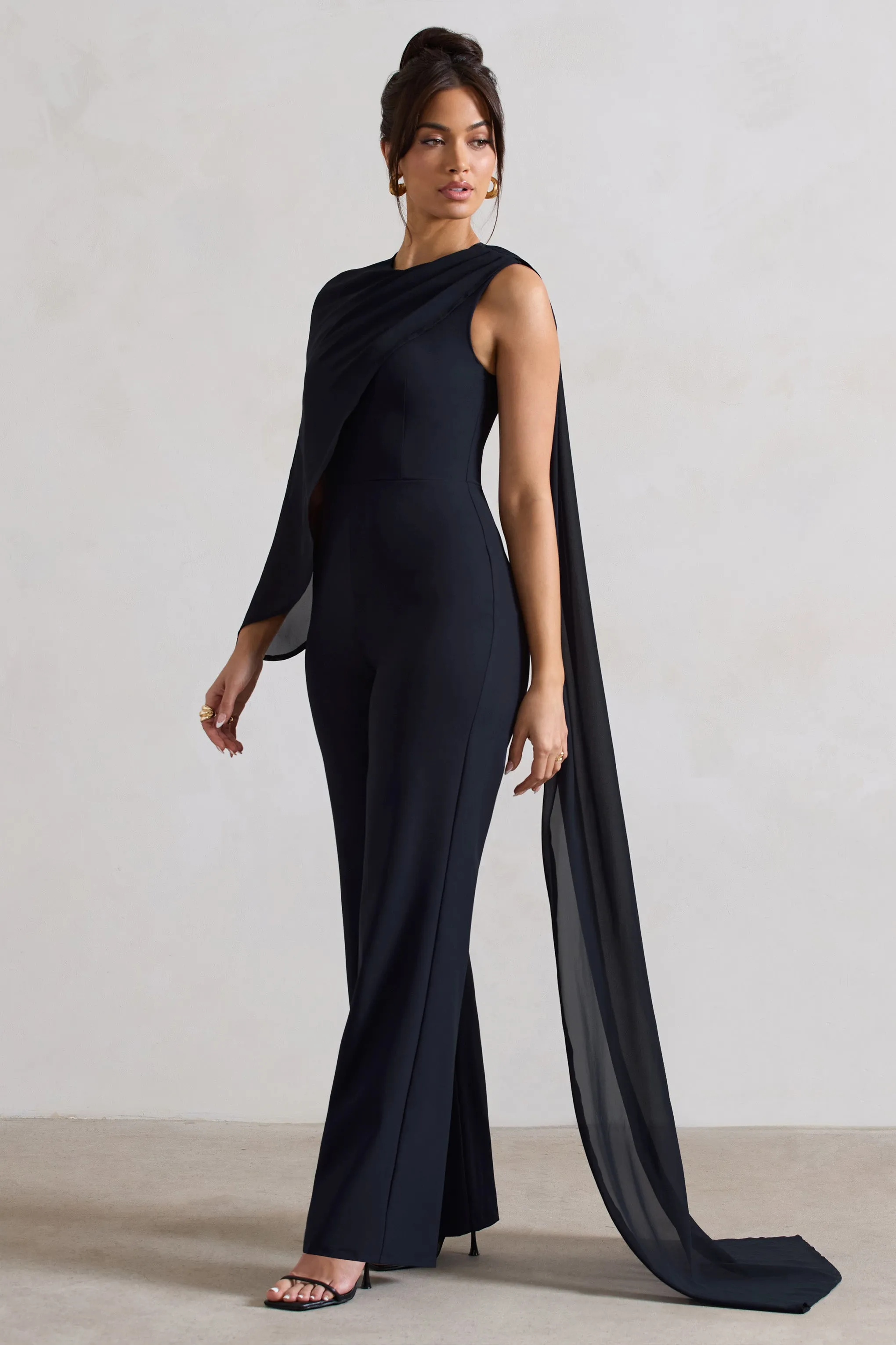 Malina | Navy Straight-Leg Jumpsuit With Chiffon Cape sold by Club L London product image thumbnail 4