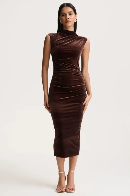 Novine | Brown Velvet High-Neck Midi Dress sold by Club L London
