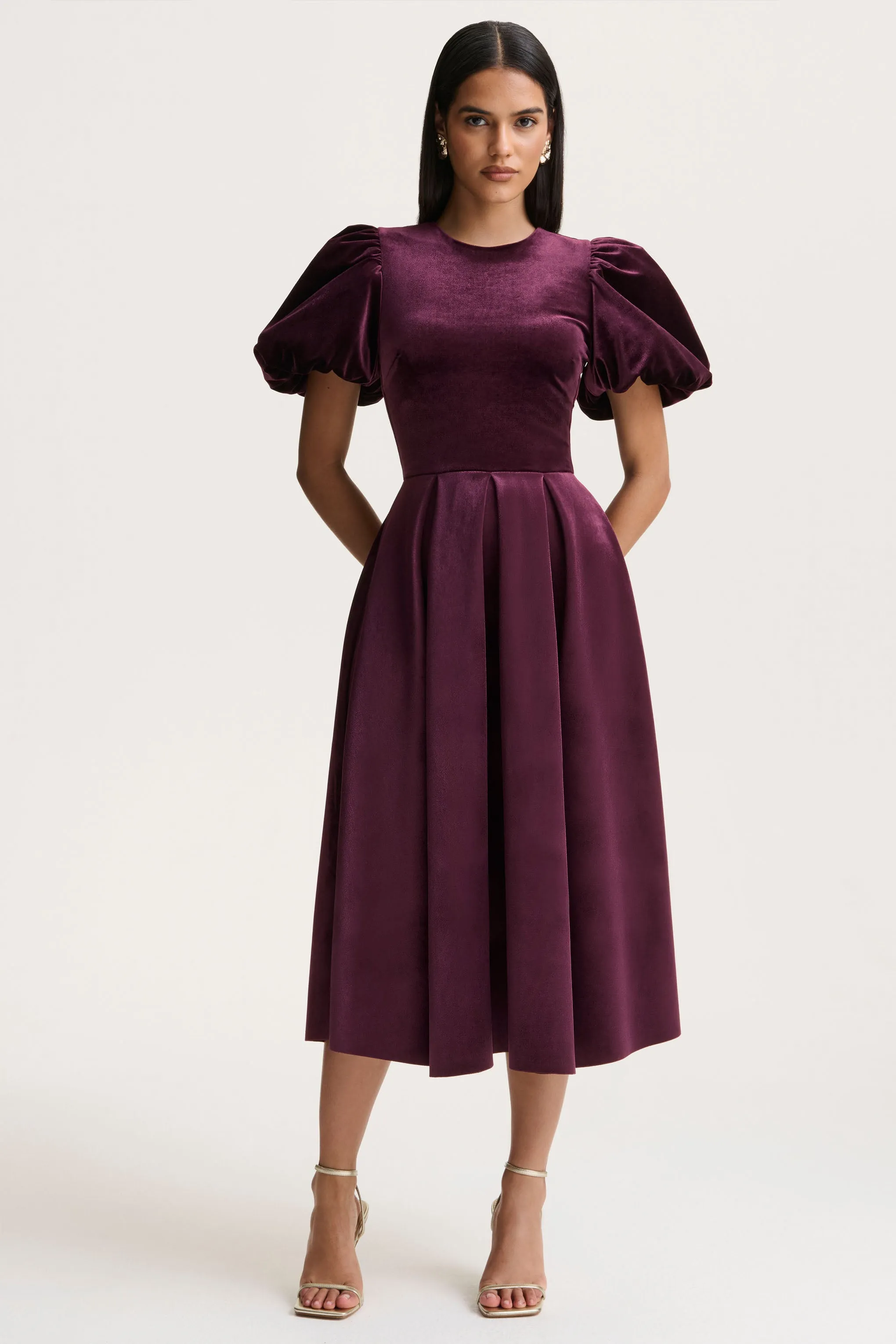 Seraphic | Burgundy Velvet Puff-Sleeve Midi Dress sold by Club L London