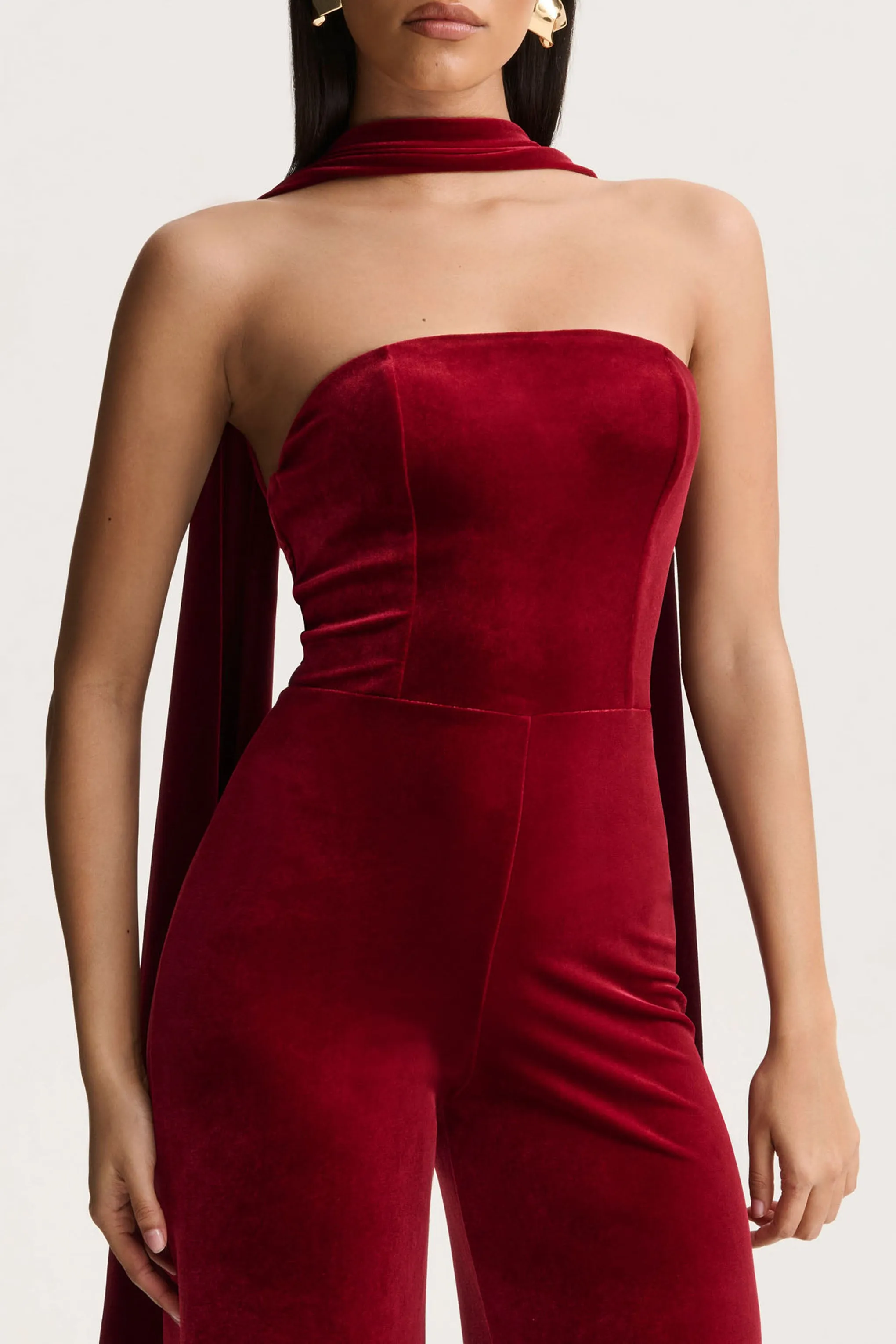 Arcane | Burgundy Velvet Bandeau Jumpsuit With Scarf sold by Club L London product image thumbnail 5