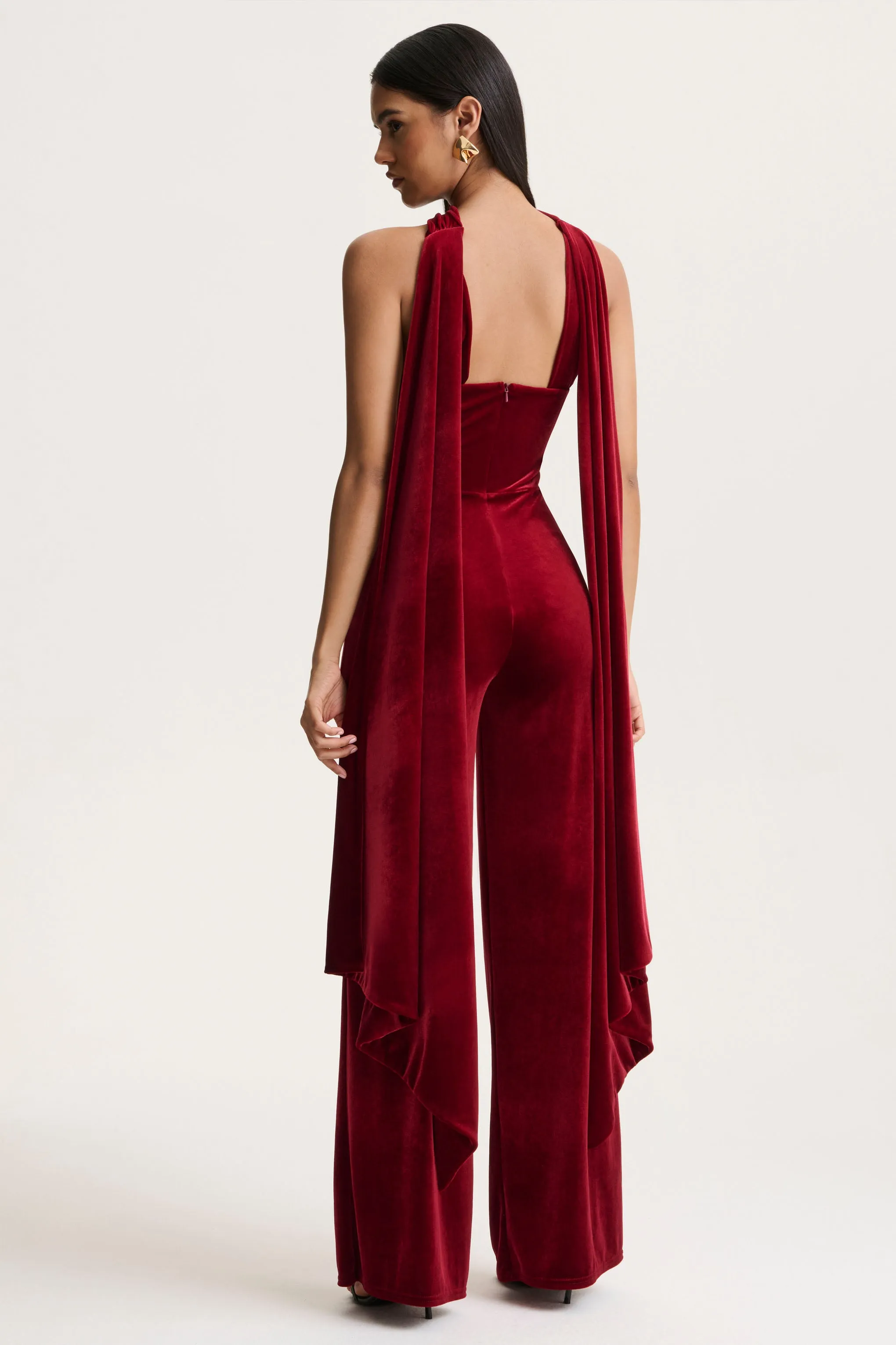 Arcane | Burgundy Velvet Bandeau Jumpsuit With Scarf sold by Club L London product image thumbnail 2