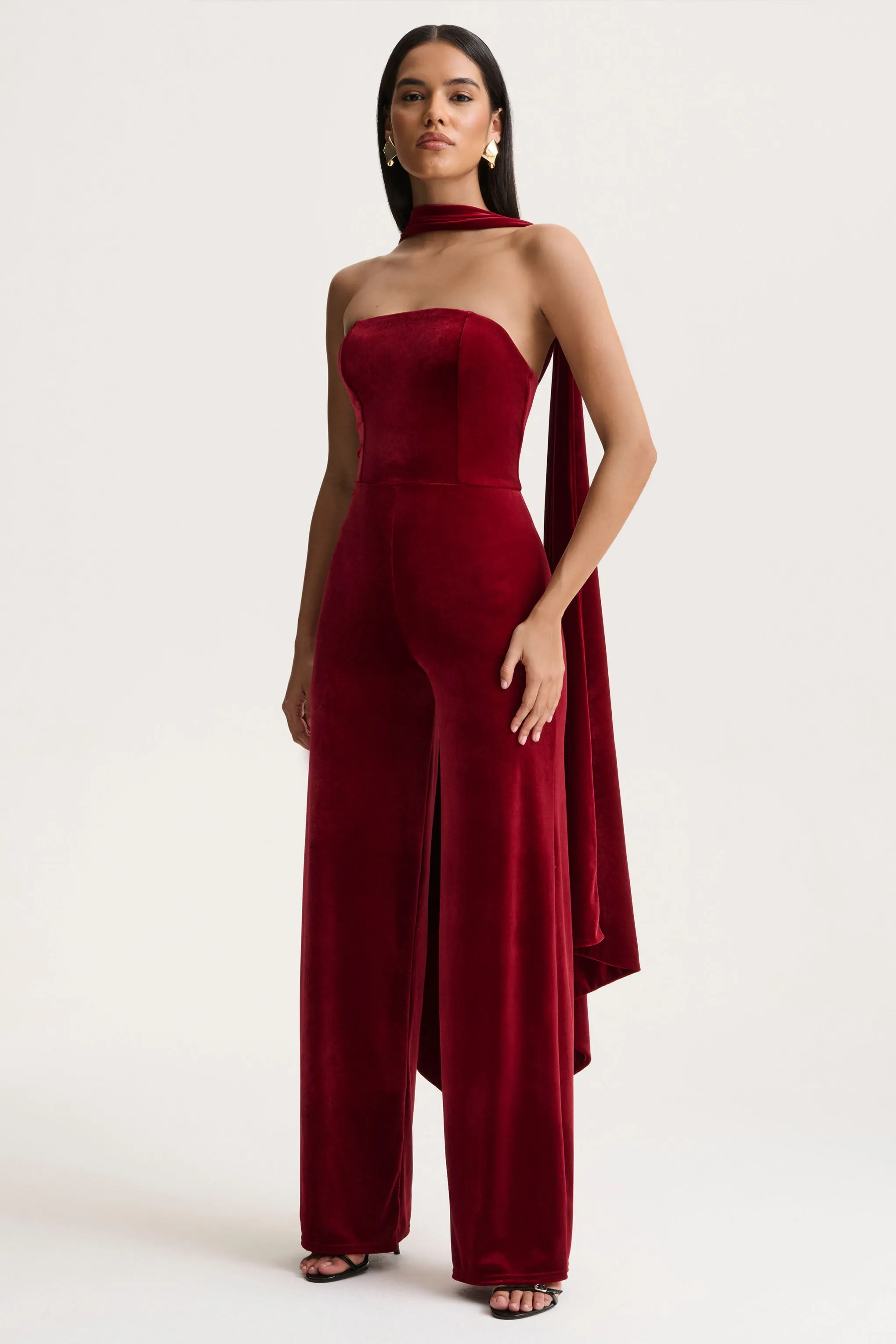 Arcane | Burgundy Velvet Bandeau Jumpsuit With Scarf sold by Club L London product image thumbnail 3