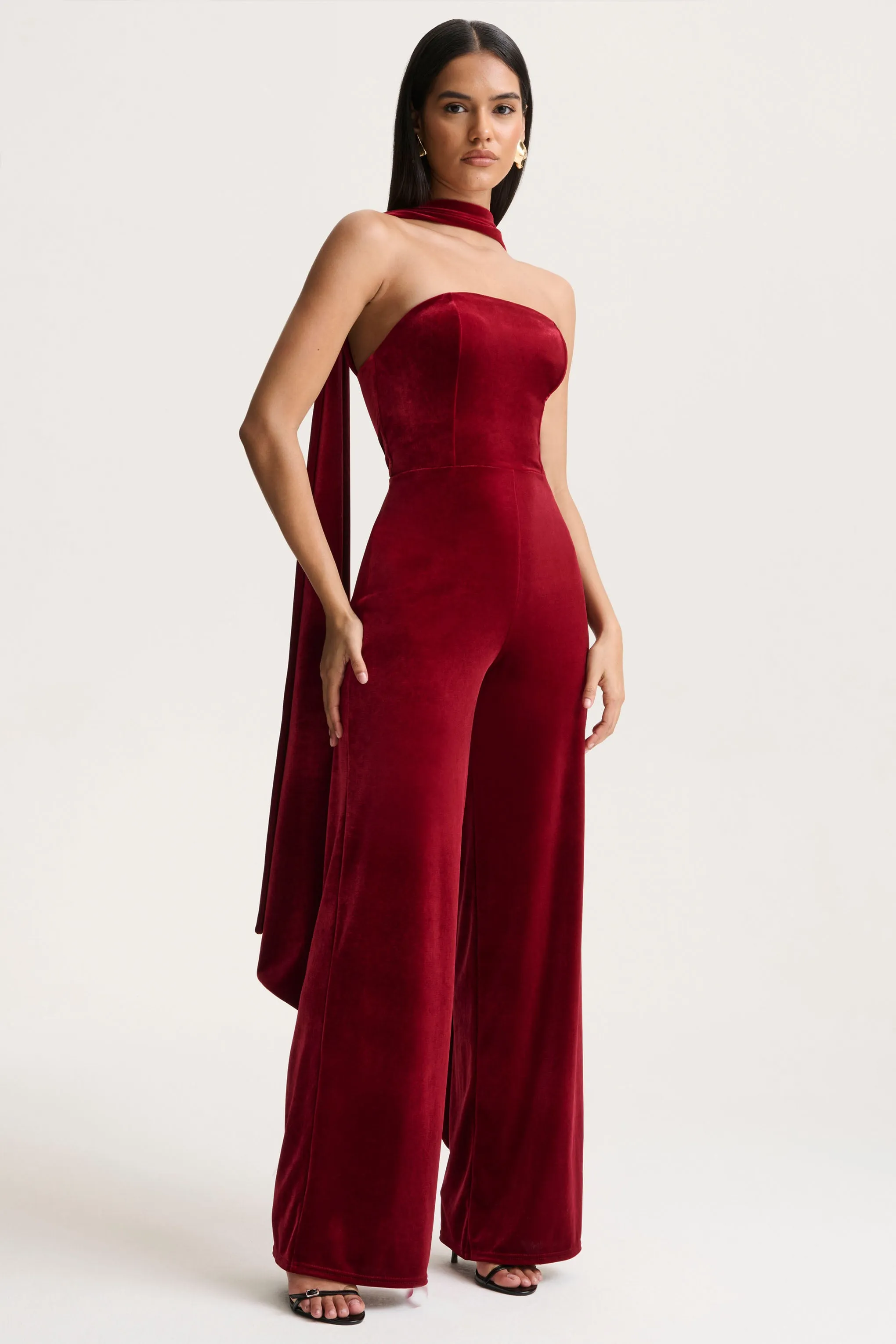 Arcane | Burgundy Velvet Bandeau Jumpsuit With Scarf sold by Club L London product image thumbnail 4