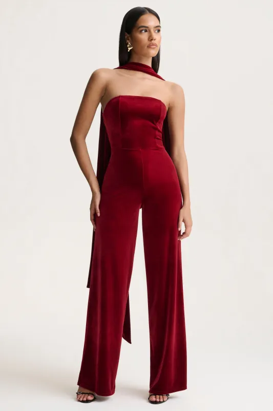 Arcane | Burgundy Velvet Bandeau Jumpsuit With Scarf sold by Club L London