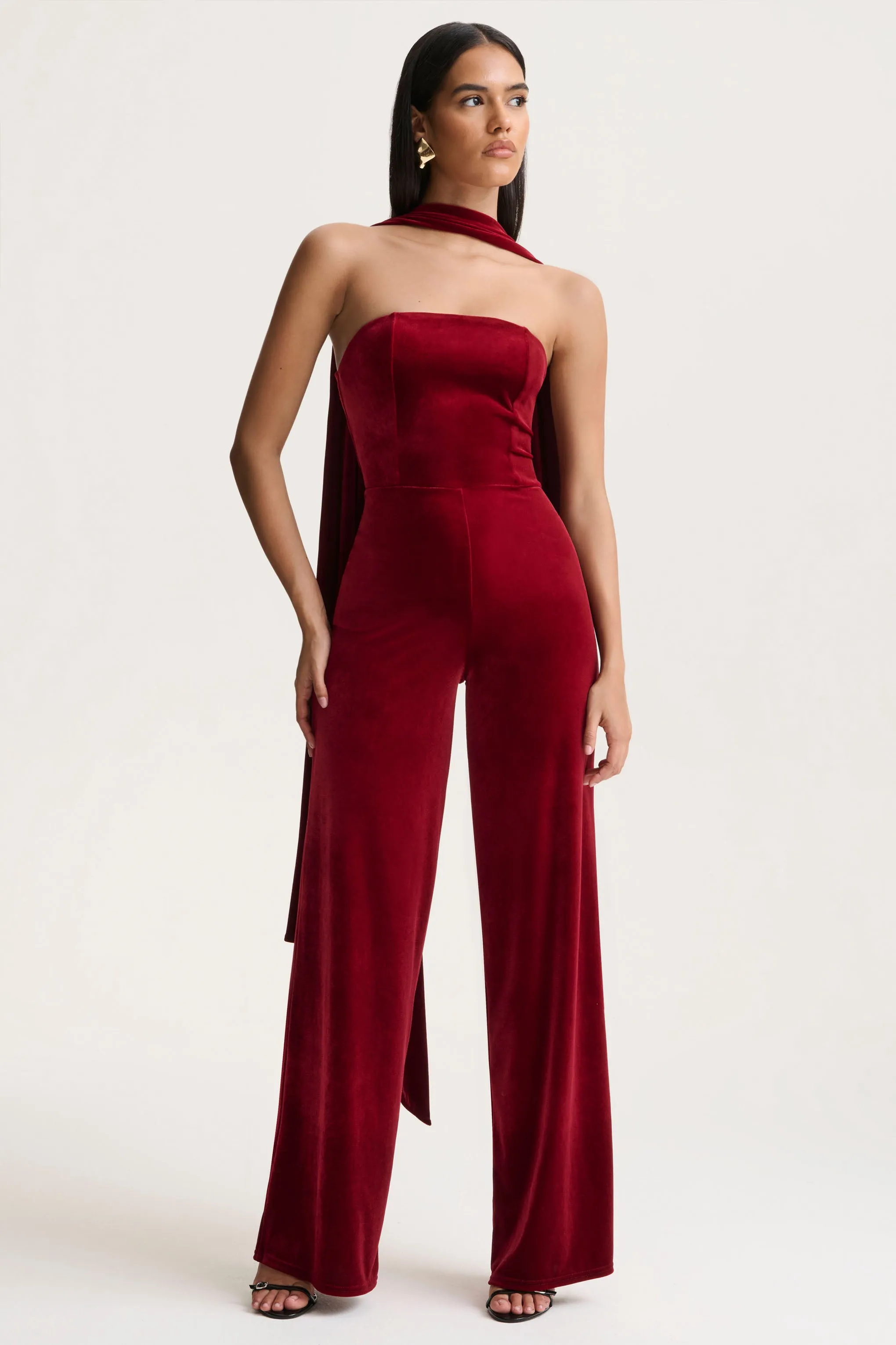 Arcane | Burgundy Velvet Bandeau Jumpsuit With Scarf sold by Club L London