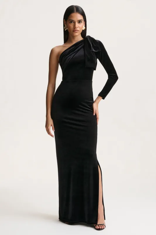 Farryn | Black Asymmetric-Neck Maxi Dress With Bow Detail sold by Club L London