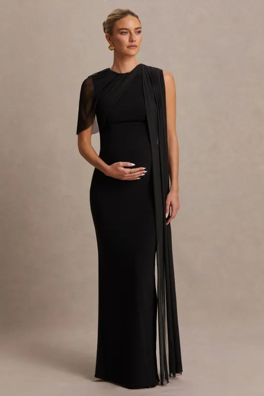 Amelise | Black High-Neck Maternity Maxi Dress With Mesh-Cape Sleeve And Sash Detail sold by Club L London