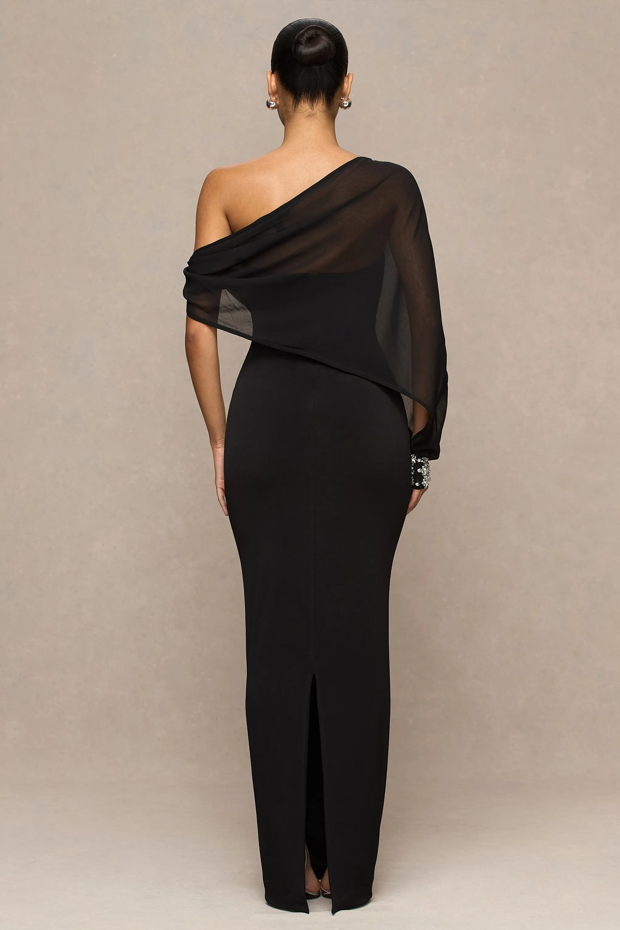 Milania | Black Asymmetric-Neck Maxi Dress With Twist-Sleeve sold by Club L London product image thumbnail 3