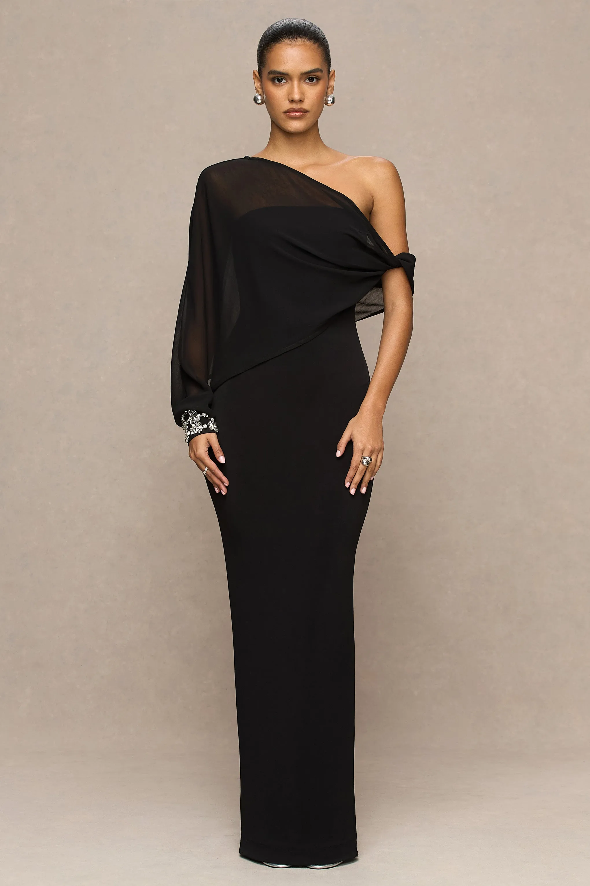 Milania | Black Asymmetric-Neck Maxi Dress With Twist-Sleeve sold by Club L London