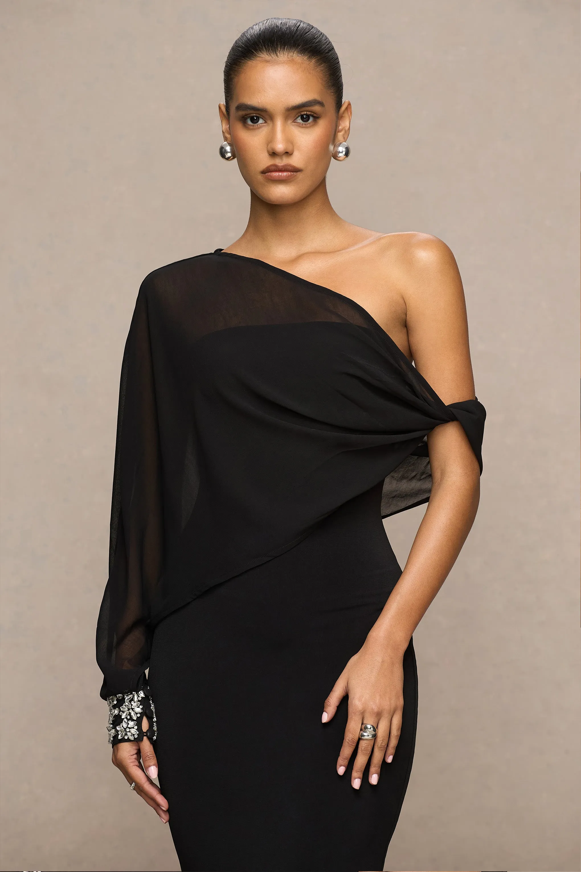 Milania | Black Asymmetric-Neck Maxi Dress With Twist-Sleeve sold by Club L London product image thumbnail 5