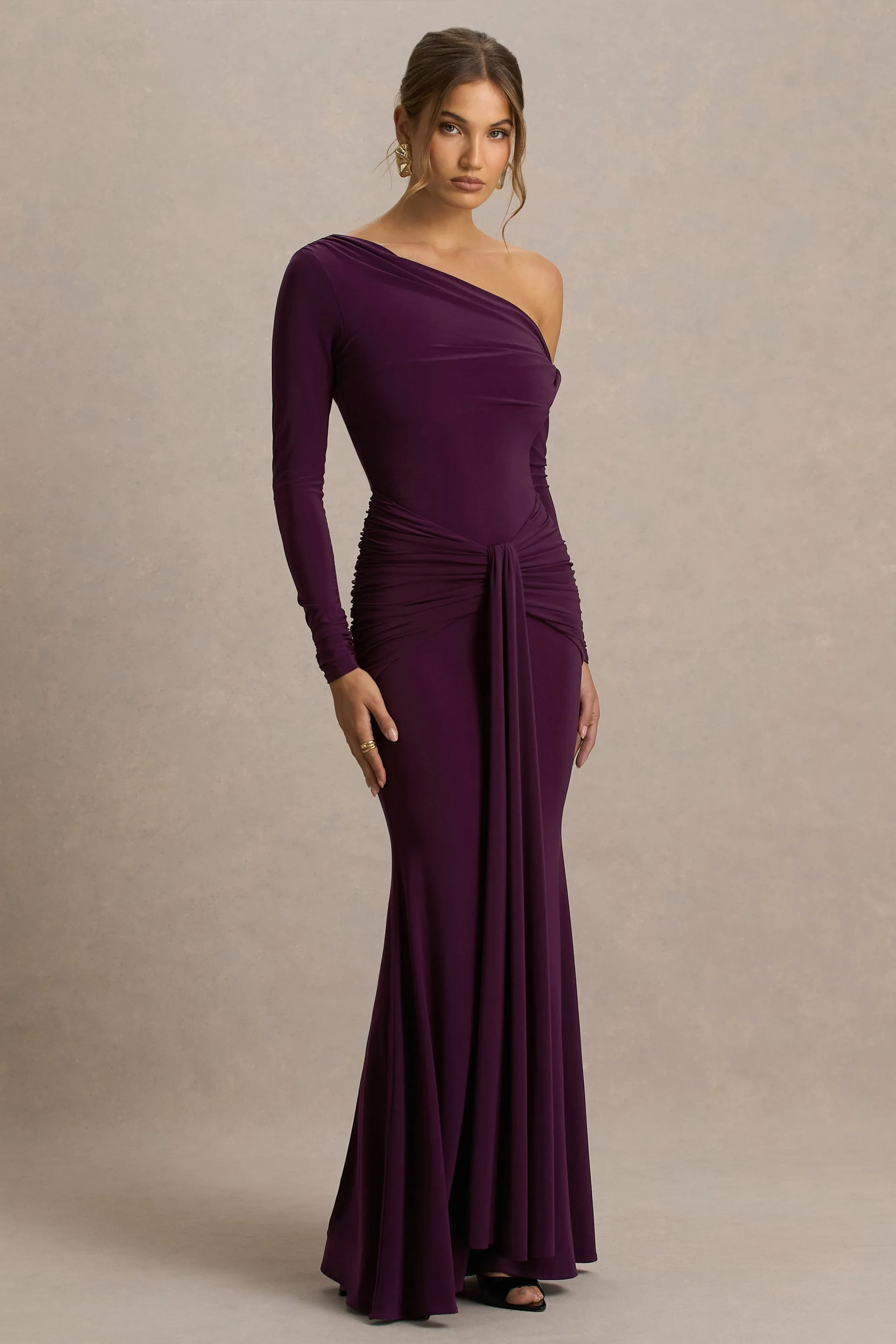 Clover | Burgundy Asymmetric-Neck Wrapped Maxi Dress With Sash sold by Club L London product image thumbnail 3