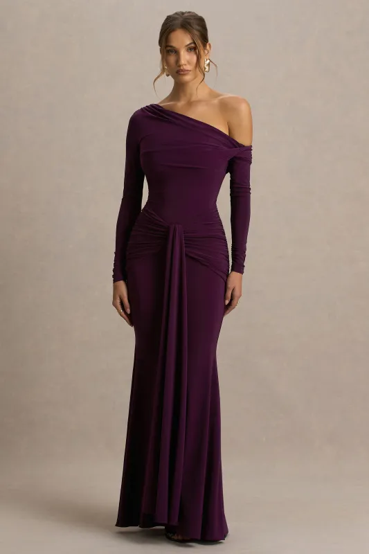 Clover | Burgundy Asymmetric-Neck Wrapped Maxi Dress With Sash sold by Club L London