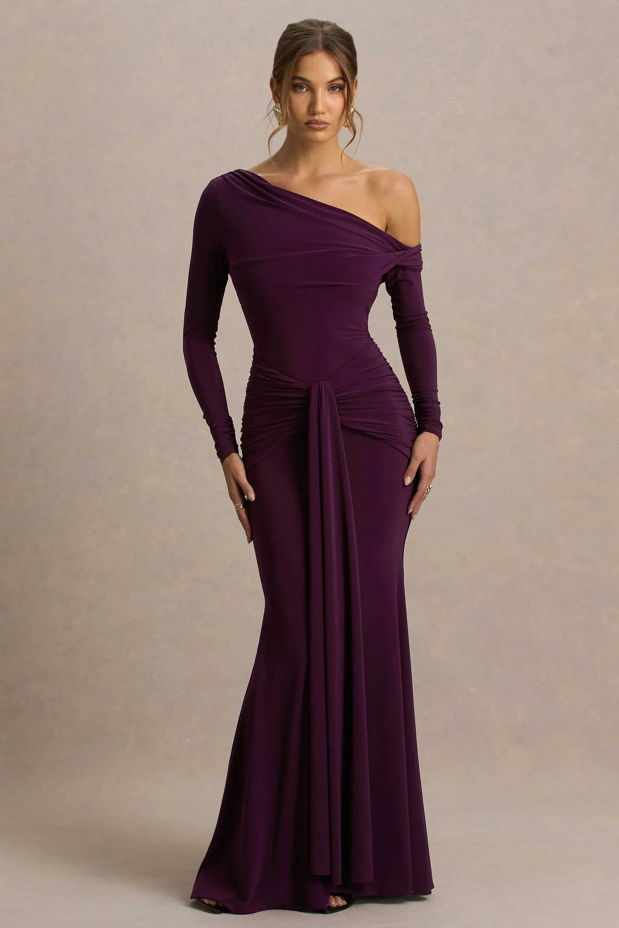Clover | Burgundy Asymmetric-Neck Wrapped Maxi Dress With Sash sold by Club L London product image thumbnail 5