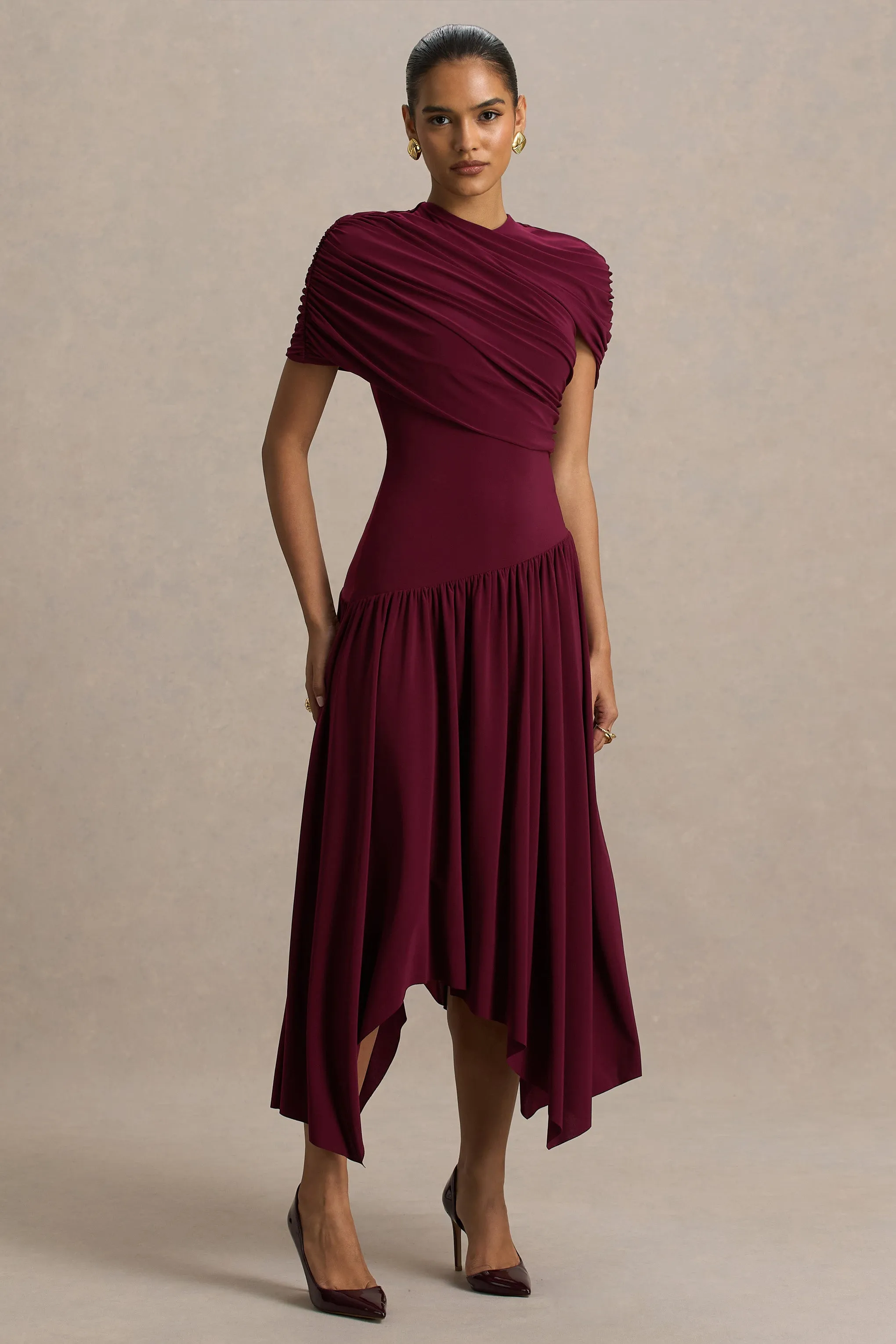 Ione | Burgundy Wrapped Midi Dress With Hanky Hem sold by Club L London product image thumbnail 3